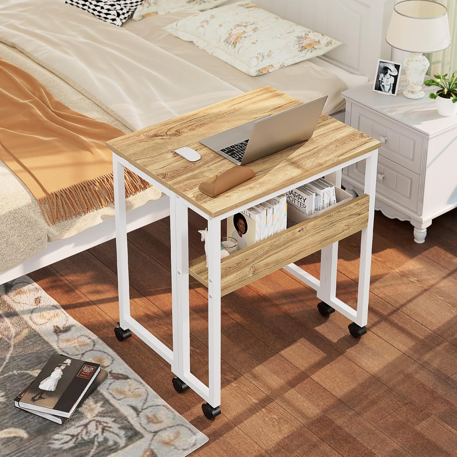 GreenForest Kleiner Klappschreibtisch, 63 cm Klappschreibtisch mit Rollen, einfache Montage, Klappschreibtisch mit Stauraum, Home-Office-Klapptisch, Beige – Bild 2