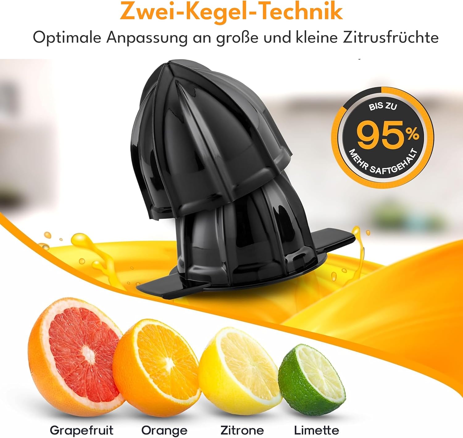 Lebenlang Zitronenpresse, elektrischer Entsafter mit hoher Saftausbeute, Orangenpresse, 2 Drehrichtungen, elektrische Fruchtpresse mit 2 Kegeln aus Edelstahl – Bild 2