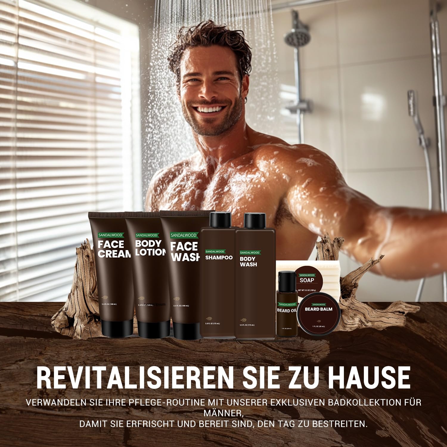 BODY & EARTH Geschenke für Männer – Sandalwood Männerpflege-Geschenkset, 10-teiliges Pflegeset mit Bartöl, Balsam, Shampoo & Accessoires, Geburtstagsgeschenk für Männer, Vatertagsgeschenk – Bild 5