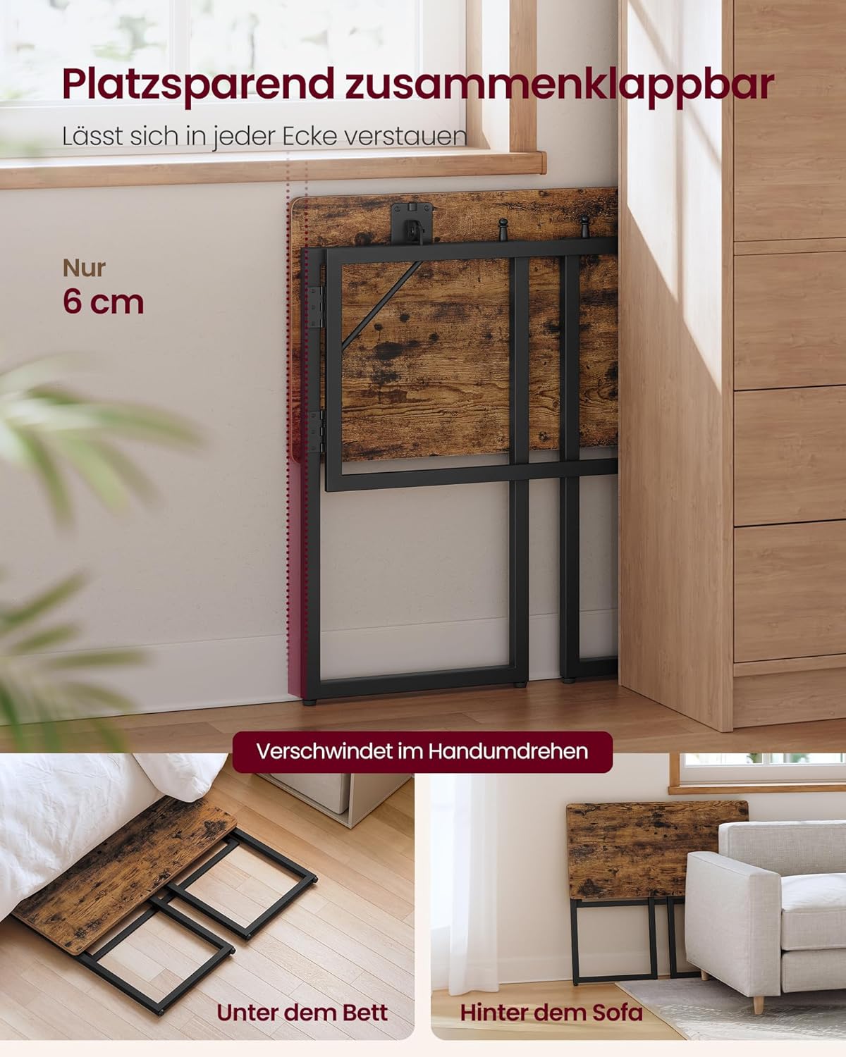 VASAGLE LWD151KD01 Klapptisch, kleiner Schreibtisch, Computertisch, einteilige Platte, abgerundete Ecken, Tisch für Heimbüro, Schlafzimmer, 80 x 40 cm, Vintage-Braun – Bild 4