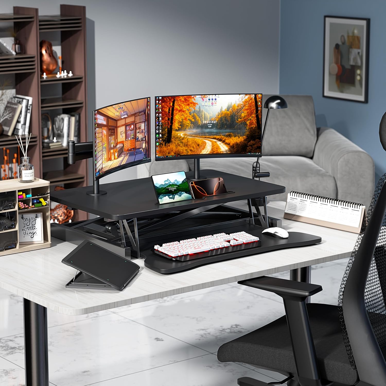 Steh-Sitz-Schreibtisch, Stehpult, ergonomisch höhenverstellbar, Arbeitsplatz für zwei Monitore und Laptops mit großer Tastaturablage, Steh-Sitz-Aufsatz für Büro (90 cm) – Bild 6