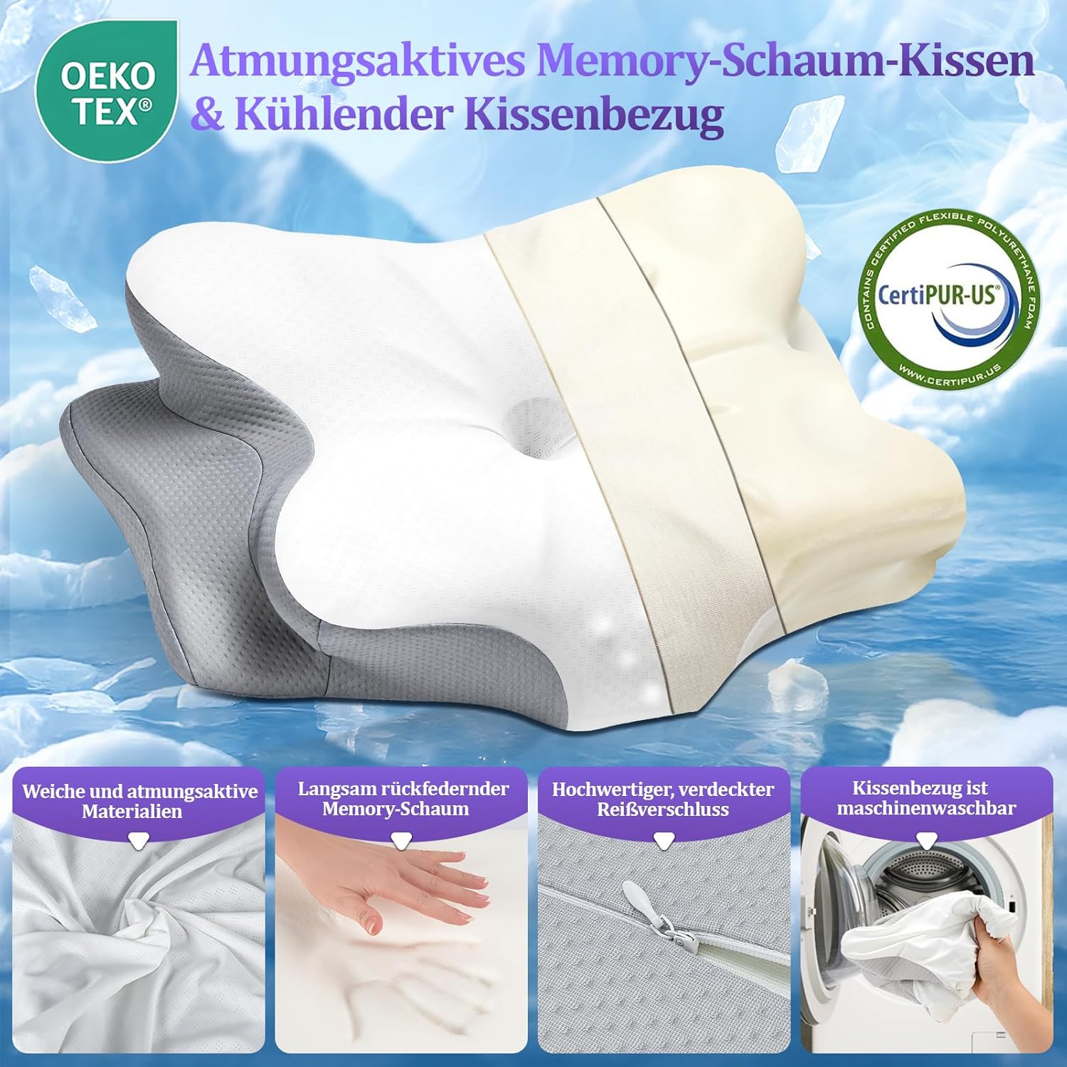 Nackenkissen – Memory-Schaum-Kissen – stabile Nackenstütze, Schlafkissen, Kissen zum Schlafen – ergonomisches Seitenschläferkissen – Nackenstützkissen für Seiten-, Rücken- und Bauchschläfer – Bild 5