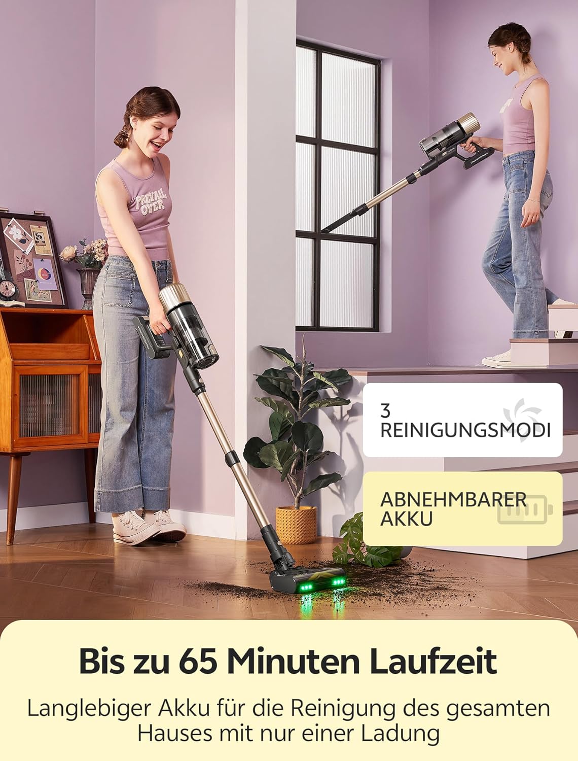 Ultenic Akku-Staubsauger, 600 W/55.000 Pa/65 Min., kabelloser Staubsauger mit GreenEye-Technologie, Teleskoprohr & freistehend, 6-lagiger Filter, Anti-Tangle-Bürste, für Tierhaare, Teppiche, Hartböden – Bild 3