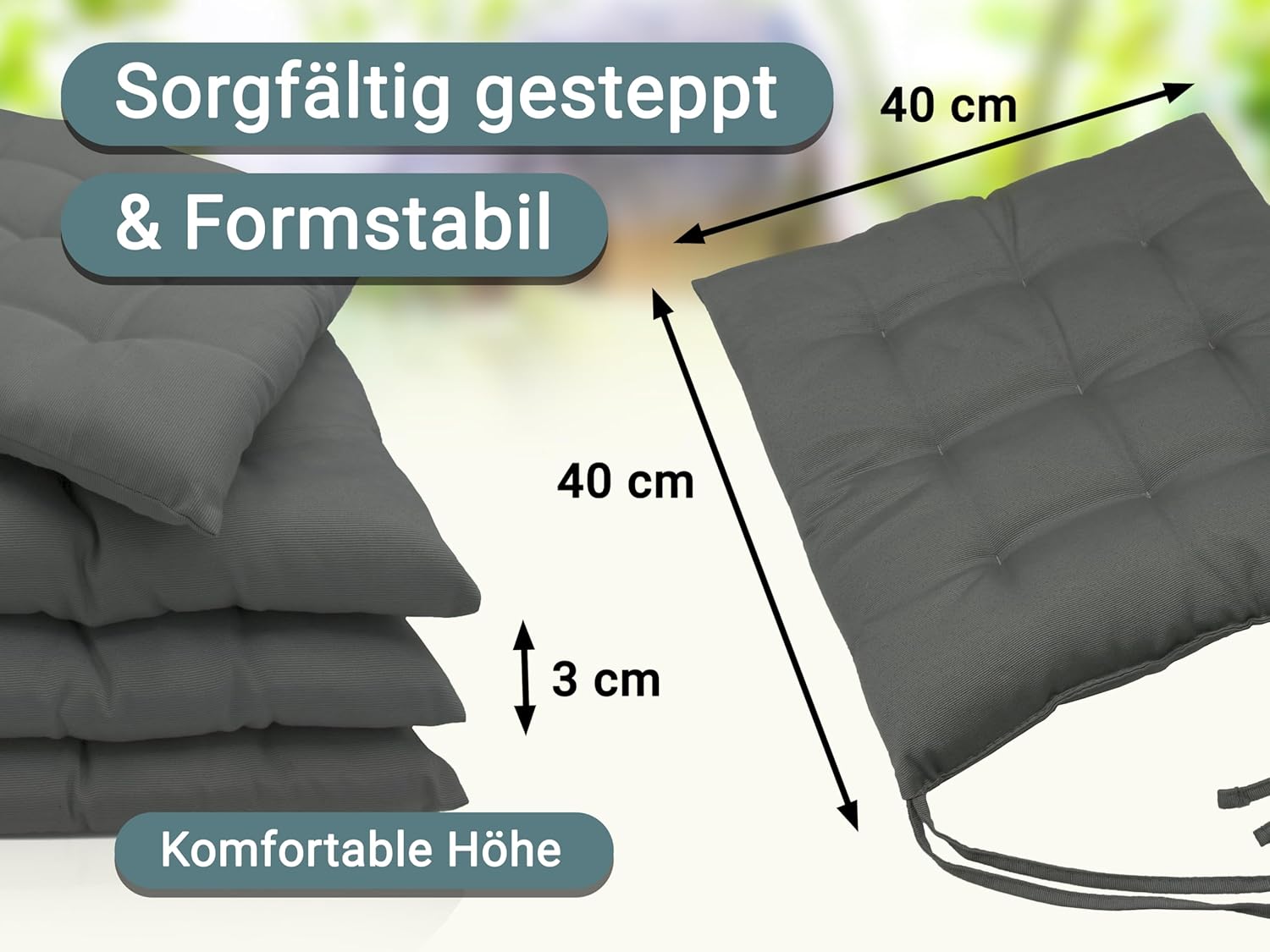 Zollner 4er-Set Stuhlkissen mit Bändern, 40 x 40 cm, Graphit – Bild 4