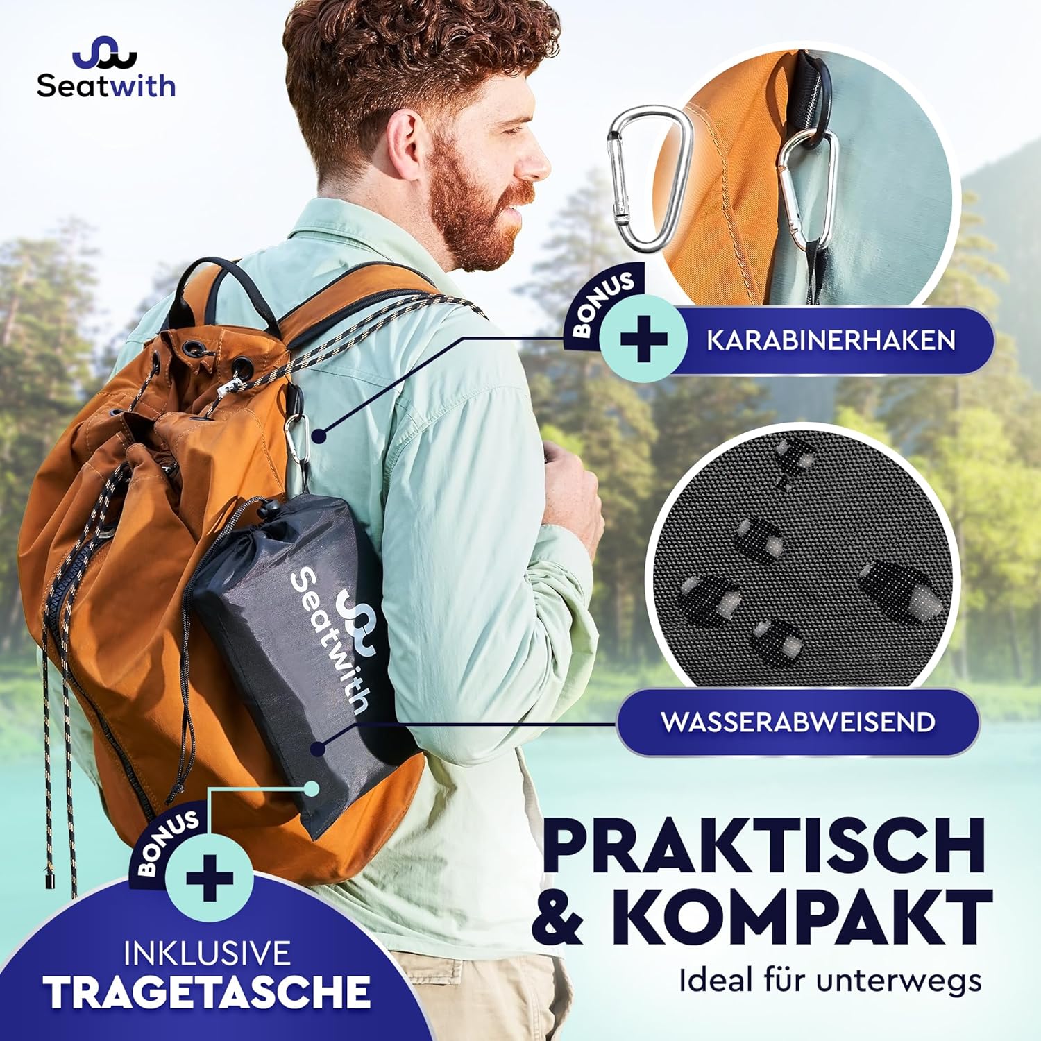 Faltbares, isoliertes Sitzkissen (40 x 40 cm) mit wärmeisolierender Aluminium-Unterseite + Tragetasche & Karabinerhaken zur idealen Befestigung am Rucksack. Maximaler Schutz vor kaltem Feuchtigkeitsschmutz – Bild 3