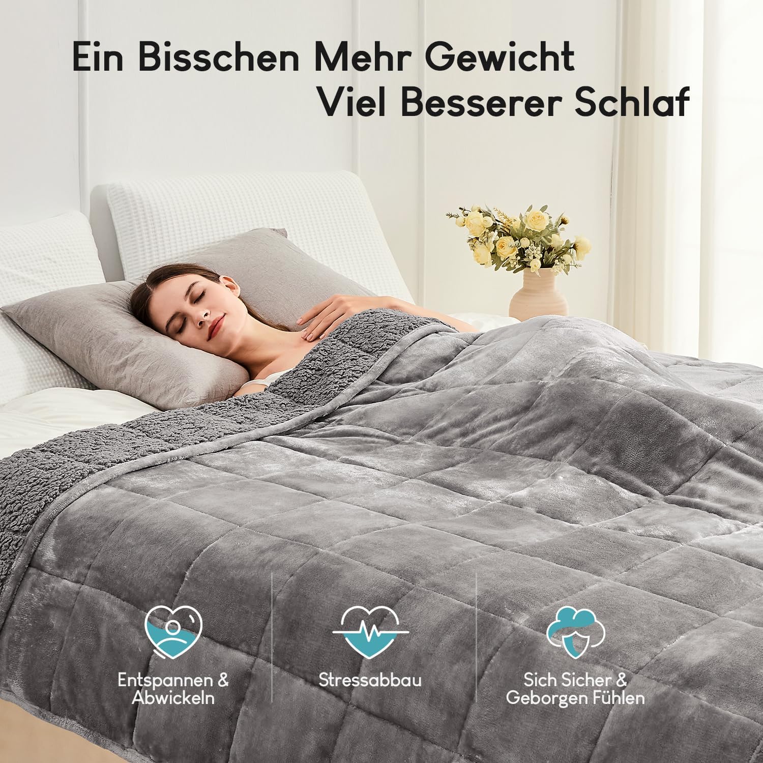 Cottonblue Gewichtsdecke 120 x 180 cm, 7 kg Sherpa-Fleece-Entspannungsdecke für Erwachsene zur Verbesserung des Schlafes. Gewichtsdecke – gemütliche, ruhige Decken mit Glasperlen, Grau – Bild 2