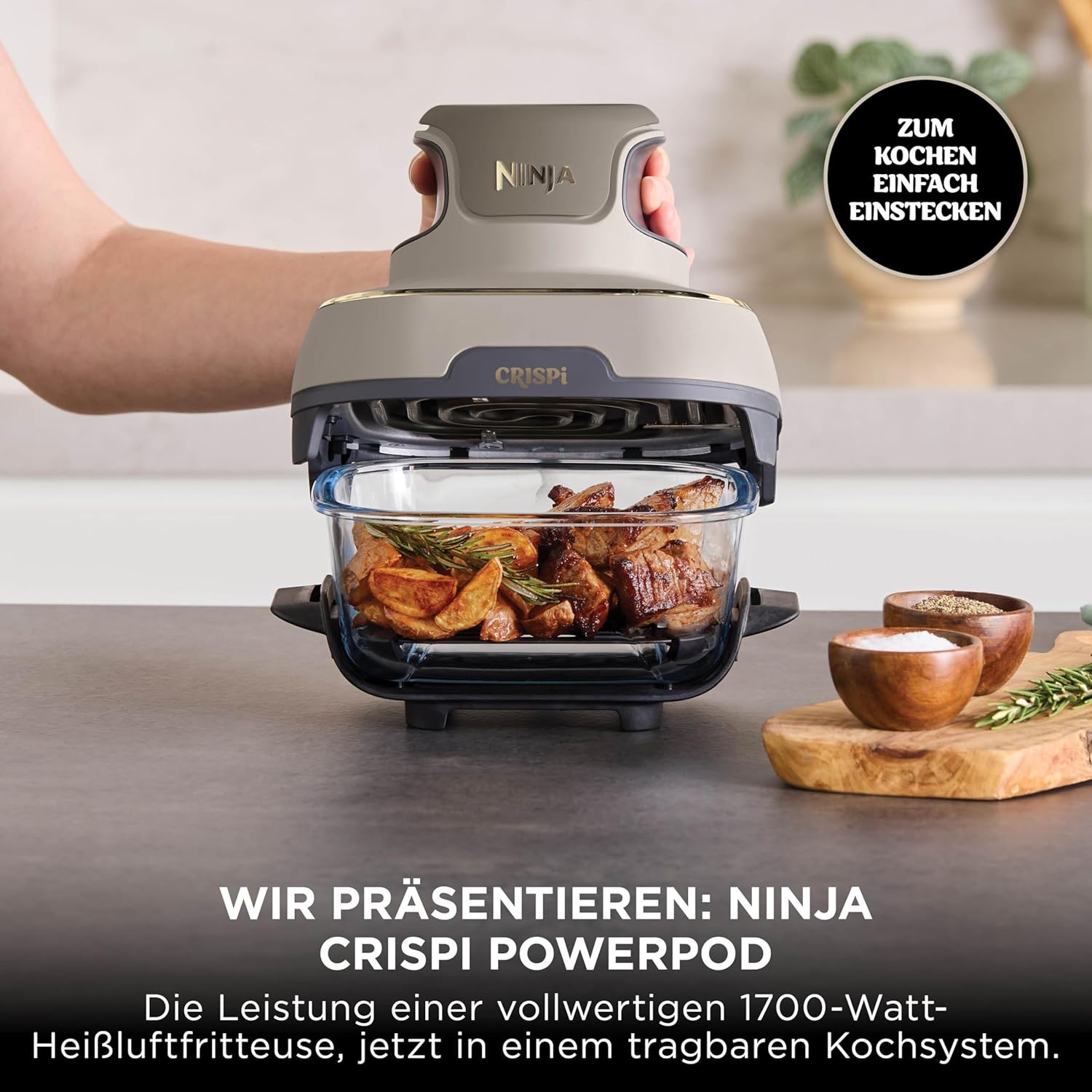Tragbare Heißluftfritteuse Ninja CRISPi, 3,8 l, 4-in-1: Heißluftfrittieren, Rösten, Warmhalten, erneut knusprig, 6 Portionen, 2 abnehmbare Glasbehälter und Deckel, 1700 W, Steingold FN101EUSTGD – Bild 6