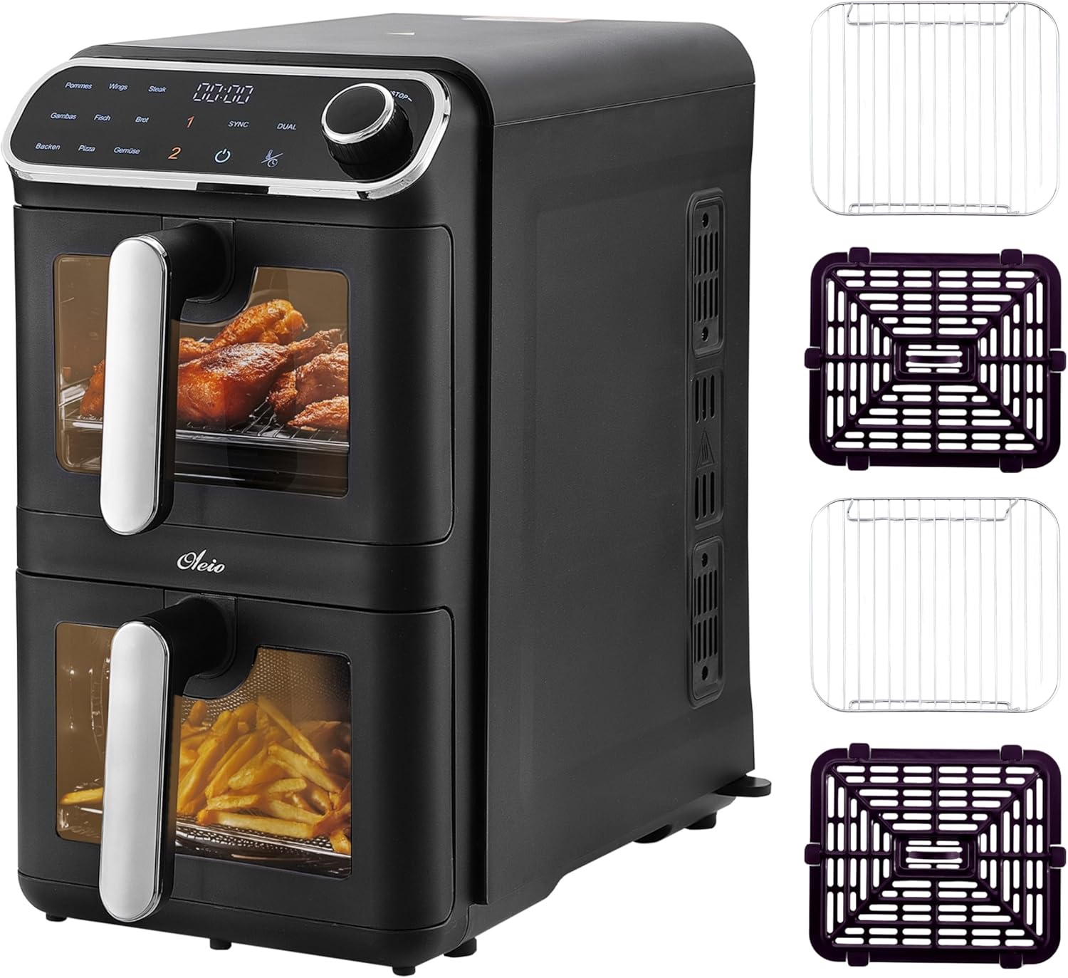 Oleio Maestro Airfryer Doppelkammer XXL Heißluftfritteuse 2 Kammern I 2460 W – Heißluftfritteuse mit Sichtfenster aus Glas I 11 LI Antihaftbeschichtung I Spülmaschinenfest I Platzsparend I Energiesparend