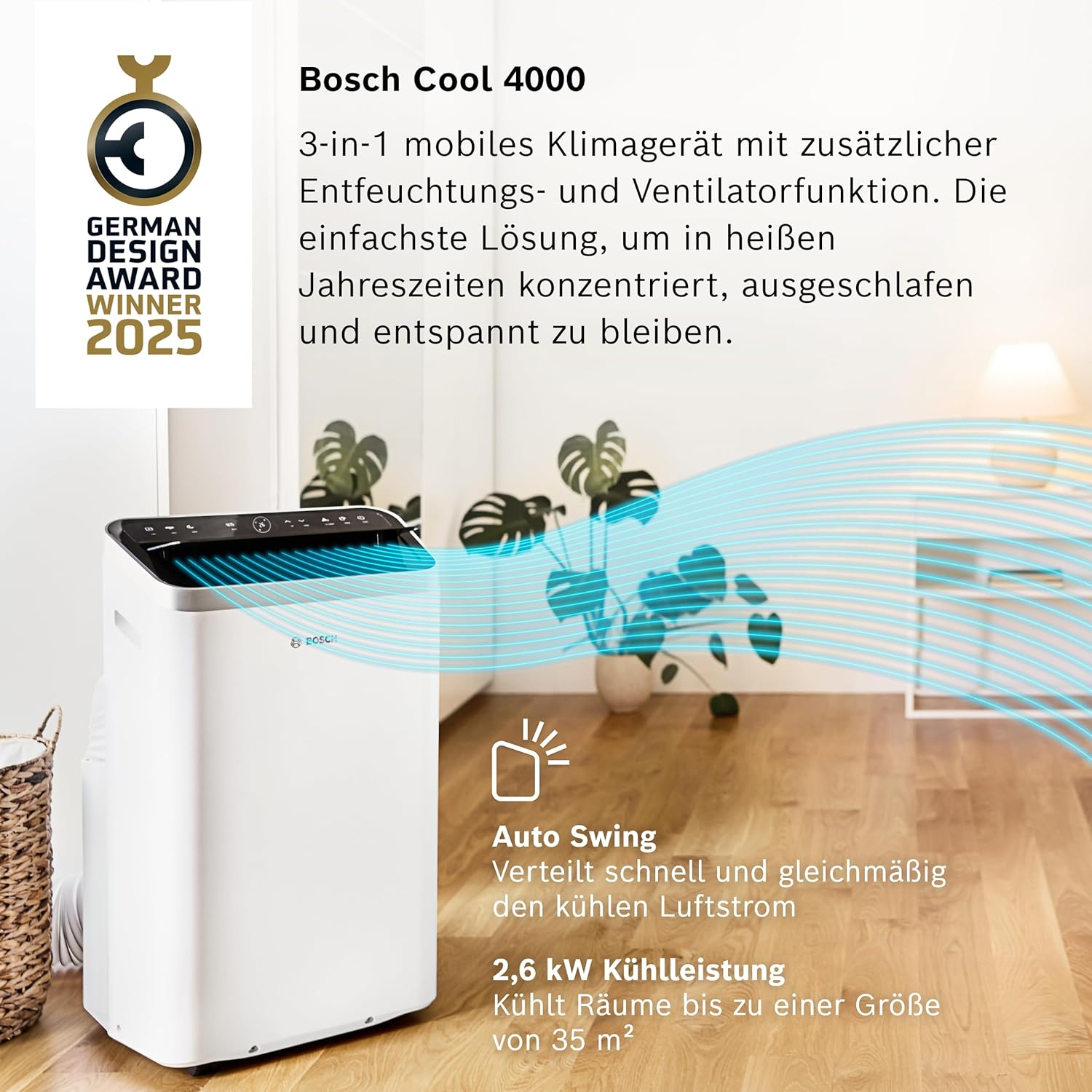 Bosch Cool 4000 Mobiles Klimagerät, 3-in-1-Klimagerät, Luftentfeuchter, Ventilator, 2,6 kW für Räume bis 35 m², mit Auto-Modus, Silent-Modus, Schlafmodus – Bild 2