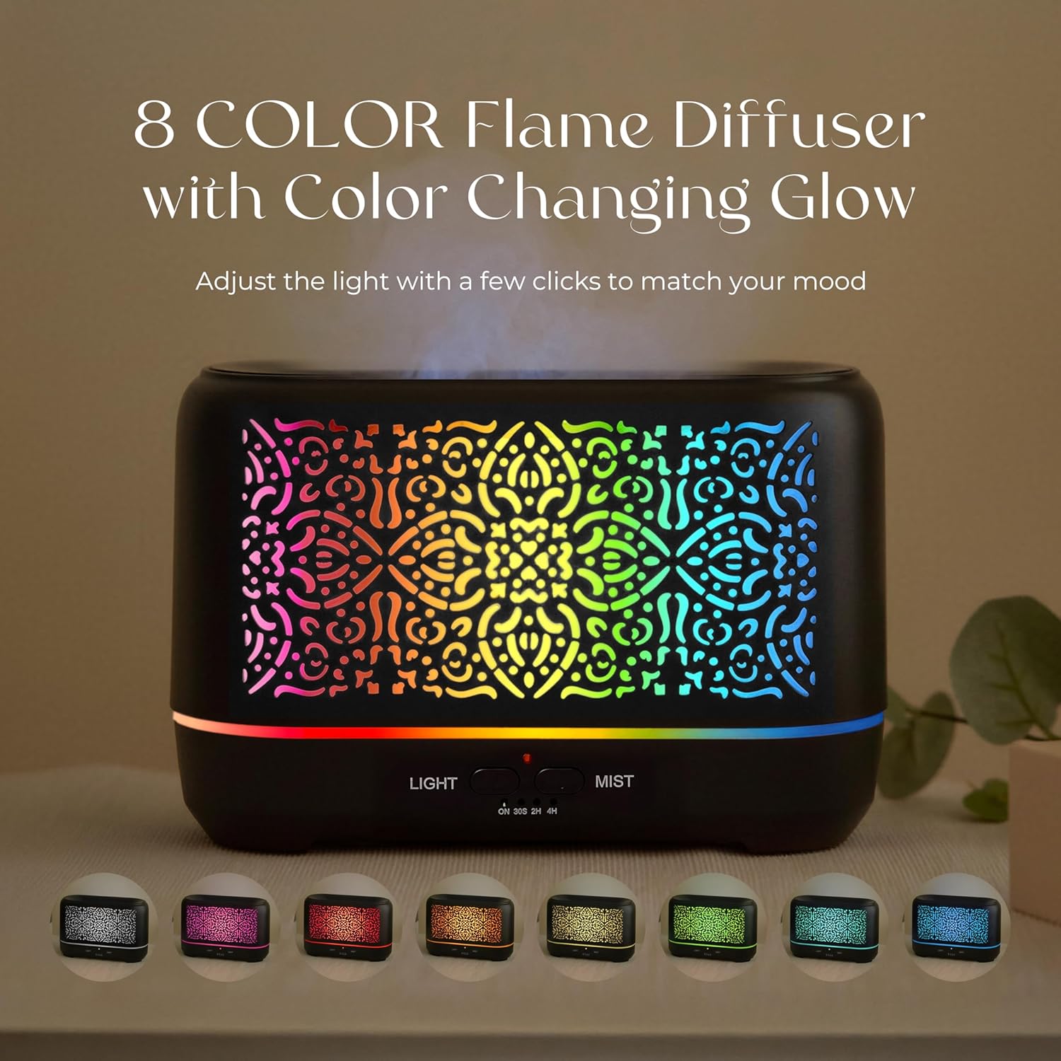 Earnest Living Flames Aromadiffusor, 200 ml, Luftbefeuchter, Timer, Nachtlichter und automatische Abschaltfunktion, Luftbefeuchter für Zuhause, Büro, Aromatherapie-Diffusoren für ätherische Öle, Schwarz – Bild 4