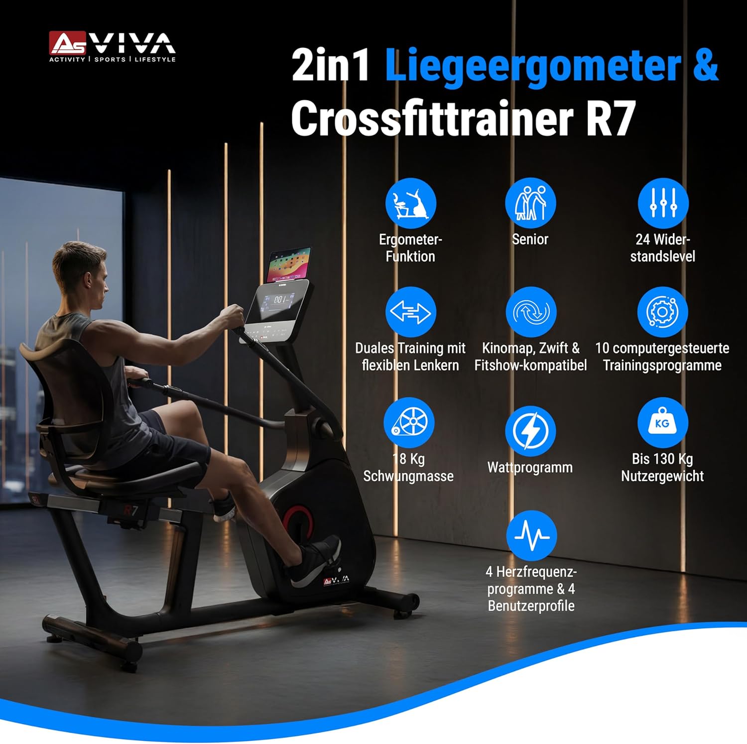 AsVIVA Recumbent Bike, Bluetooth (App-gesteuert), Handpulssensoren, integrierter Herzfrequenzmesser (inkl. Brustgurt), 16 computergesteuerte Stufen, ergonomischer Sitz (Rückenlehne). – Bild 3
