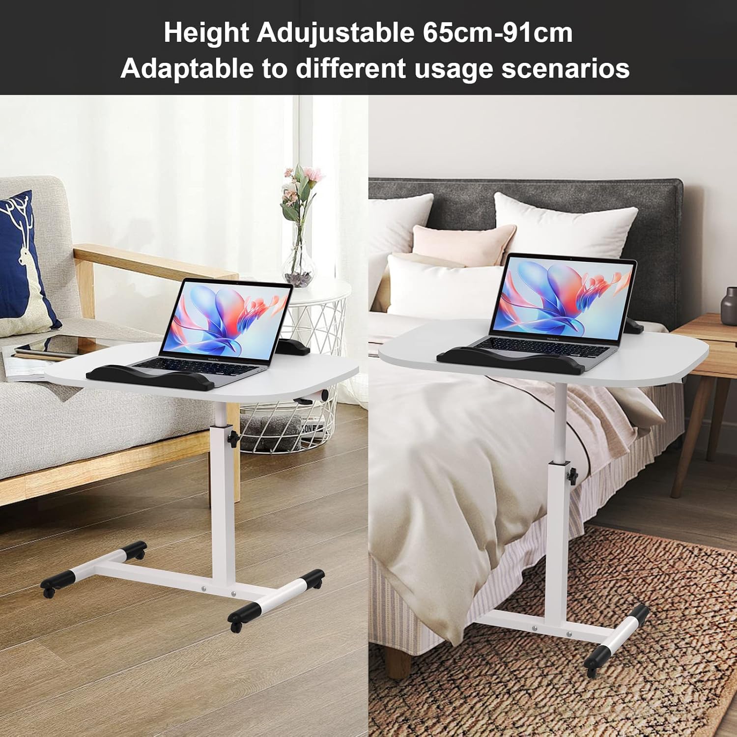 Kleiner Klapptisch, Beistelltisch auf Rollen, höhenverstellbar, Computertisch, mobiler Stehtisch, ergonomisch 360° drehbar (weiß, 60 x 40 x 61-95 cm) – Bild 6