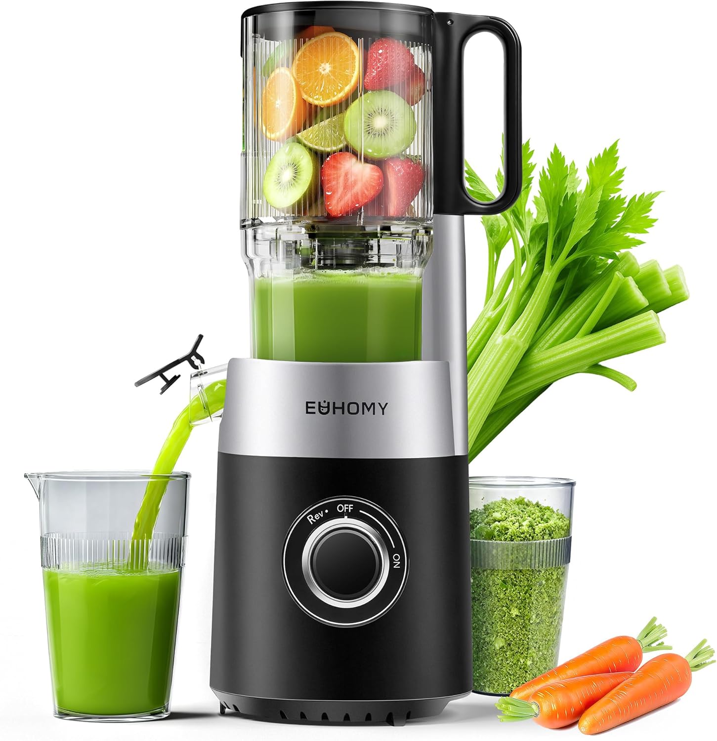EUHOMY Entsafter, Slow Juicer für ganzes Gemüse und Obst, 135 mm großer Einfüllschacht, 1,8 l Fassungsvermögen, Klingenkonstruktion aus Edelstahl, leicht zu reinigender Kaltpress-Entsafter mit 2 Gläsern
