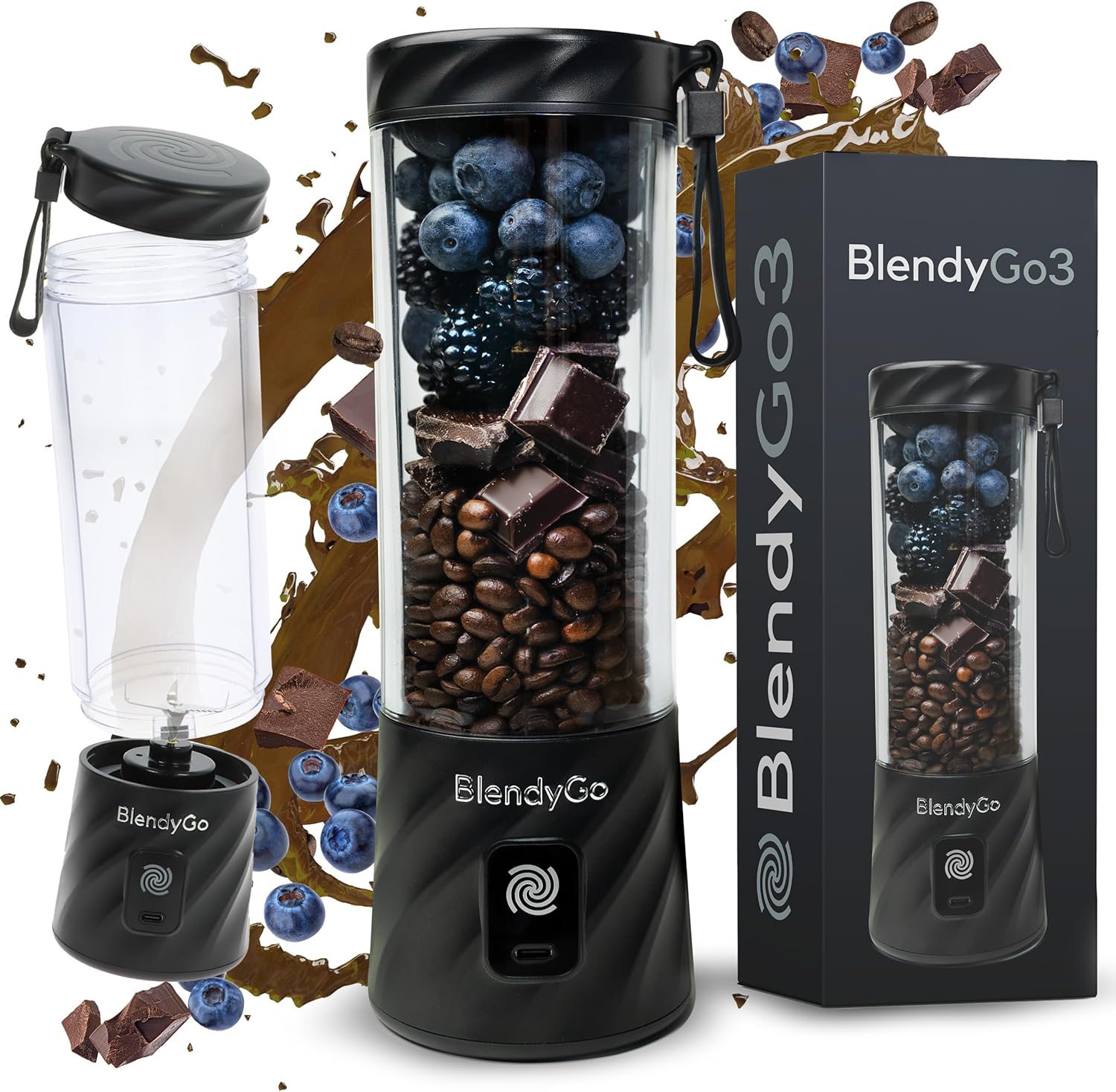 BlendyGo 3 Tragbarer Mixer, Standmixer, Mini-Standmixer, 550 ml, Smoothie-Maker, Standmixer Smoothie-Maker to Go, kabellos, zerkleinert Eis und Obst, BPA-frei, PulseMotion & BlendPro (schwarz)