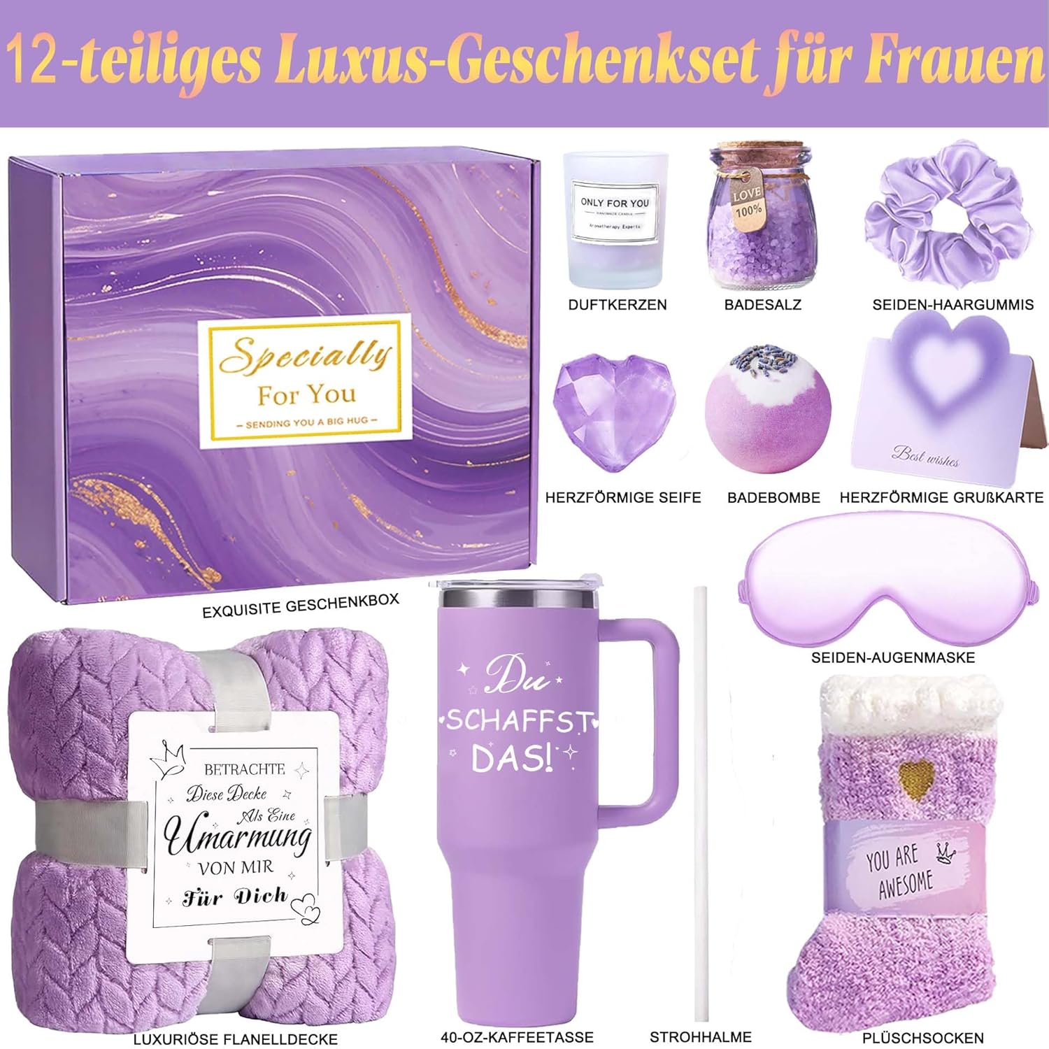 Geschenke für Mütter und Frauen, Geschenkset für beste Freundinnen, 12-teiliges Kuscheldeck-Geschenk mit 40-Unzen-Edelstahl-Weinbecher als Geburtstagsgeschenke für Mütter, Frauen, beste Freundin, Oma, Schwester – Bild 3