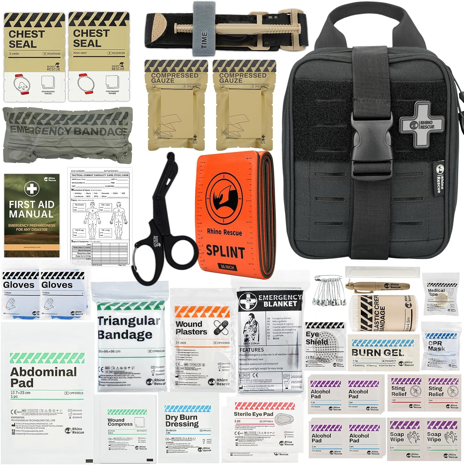 RHINO RESCUE IFAK Erste-Hilfe-Set, Trauma-Notfallversorgung, taktisch, mit Gaze und Verband für Jagd, Camping, Reisen (Schwarz PRO)