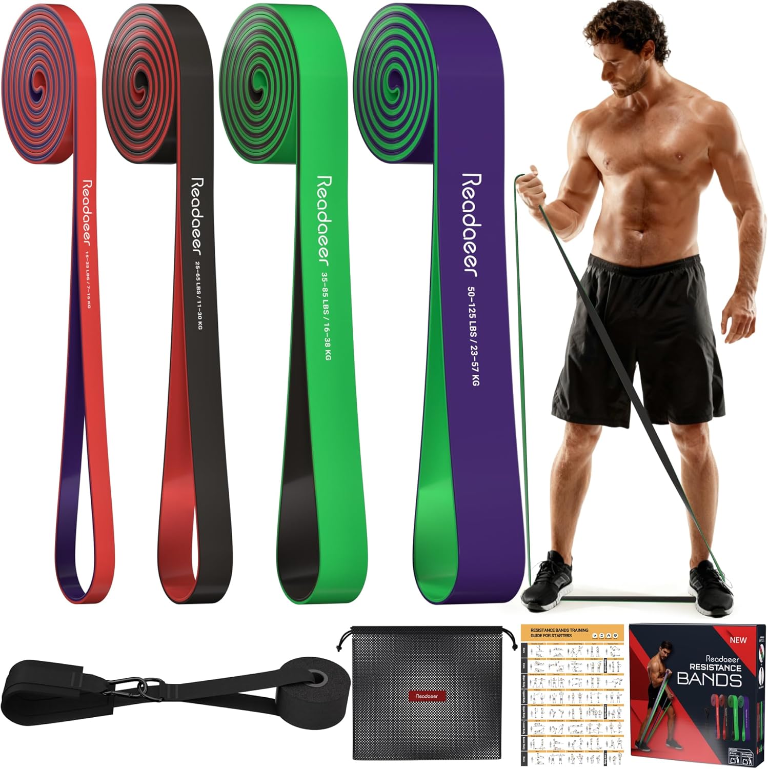 Fitnessbänder-Set mit Türanker & Aufbewahrungstasche, zweiseitig zweifarbig für Zuhause, Krafttraining, Physiotherapie, Geschenk für Männer und Frauen