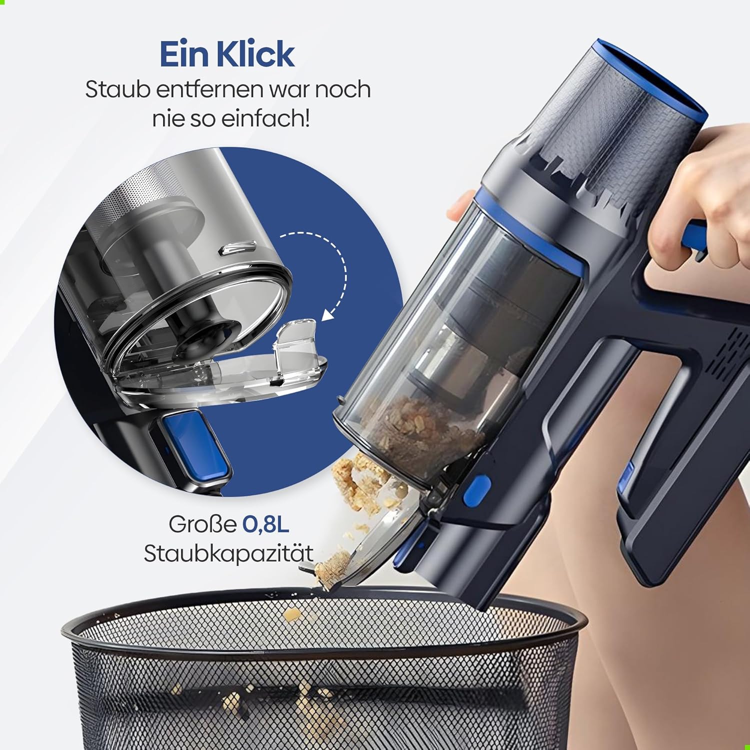 Olvy Akku-Staubsauger mit Wischfunktion, Tierhaare/Teppiche/Hartböden, kabellos 2-in-1, beutellos, 35 KPA Saugleistung, 5 Stufen, LED-Display, leichter Staubsauger mit HEPA-Filter & Zubehör – Bild 4