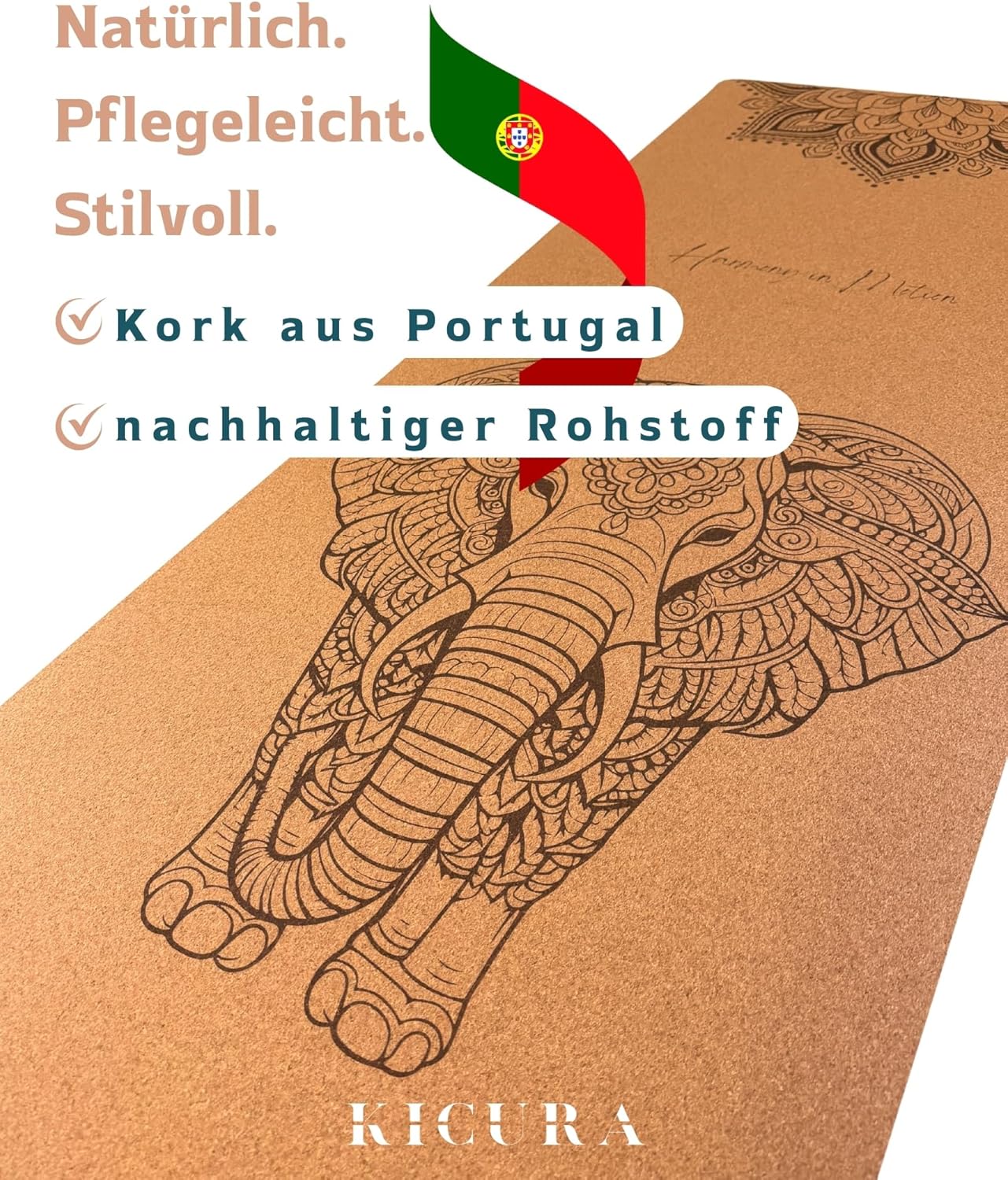 Yoga-Matte aus Kork & Naturkautschuk mit Elefanten-Mandala – rutschfeste Premium-Matte, 4 mm dick, mit Tragegurt, in 3 Größen – Bild 7