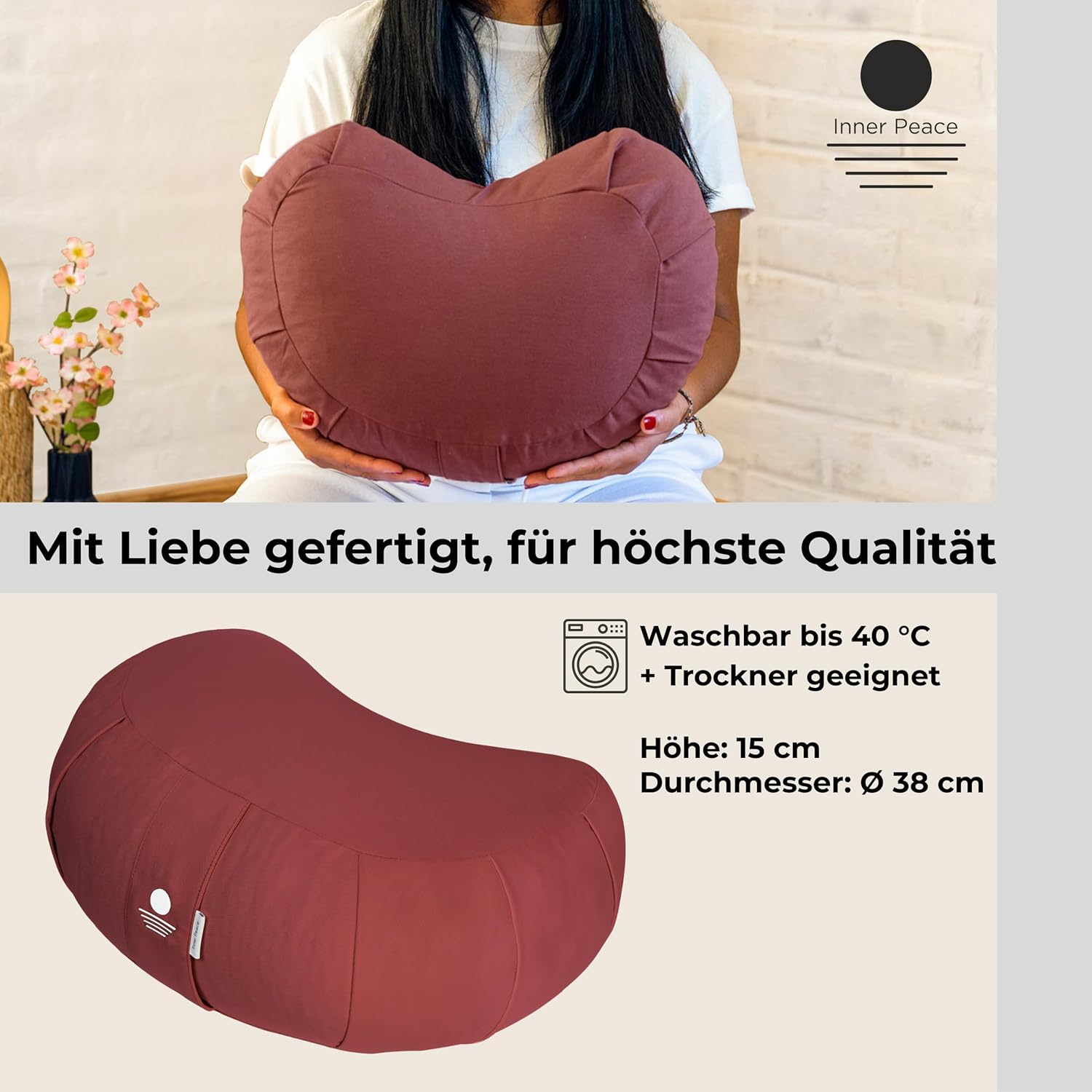 Innerer Frieden Zafu Meditationskissen | Yogakissen Bio-Dinkelfüllung | Yogakissen Halbmond | Hergestellt in Deutschland | Meditationskissen Halbmond | Waschbarer Bezug aus 100 % Bio-Baumwolle (Forest Berry) – Bild 4