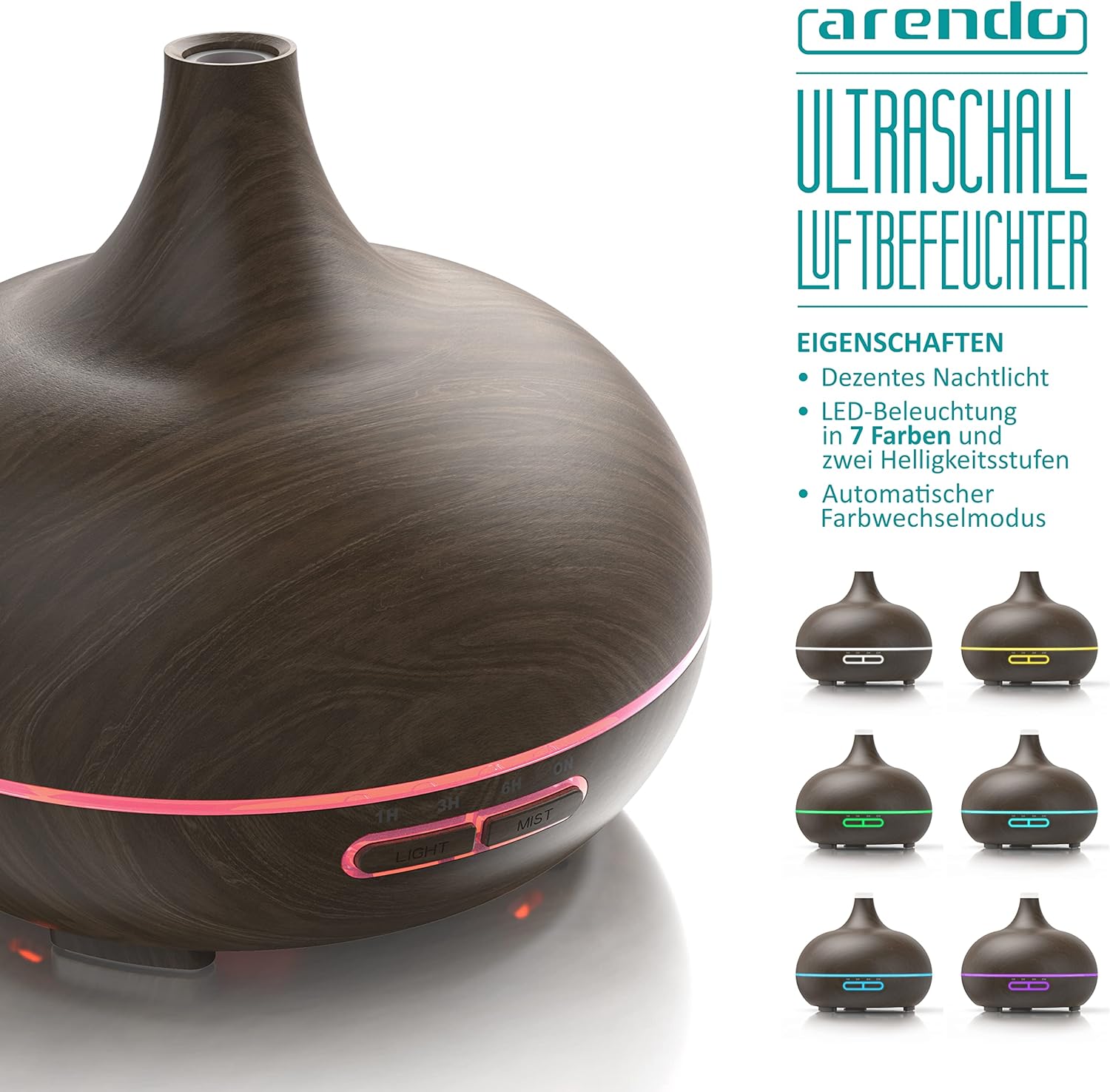 Arendo - Ultraschall-LED-Aroma-Diffusor 300 ml - Luftbefeuchter Raumbefeuchter Nachtlicht - LED-Ring 7 Farben - Timer-Funktion - Dauernebelmodus - Angenehm leises Betriebsgeräusch - Holzdekoration – Bild 4