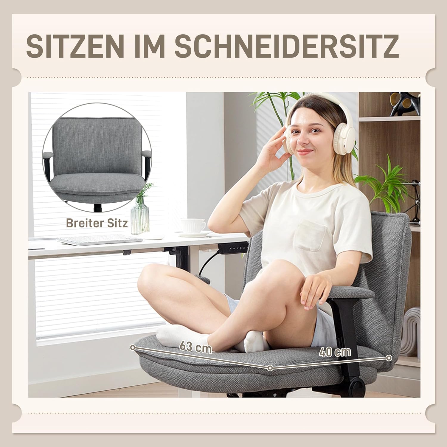 HOMCOM Bürostuhl, Schreibtischstuhl mit klappbaren Armlehnen, breite Sitzfläche, höhenverstellbar, maßgeschneiderter Sitz, Drehstuhl mit Leinenoptik, für Home Office, Grau – Bild 4