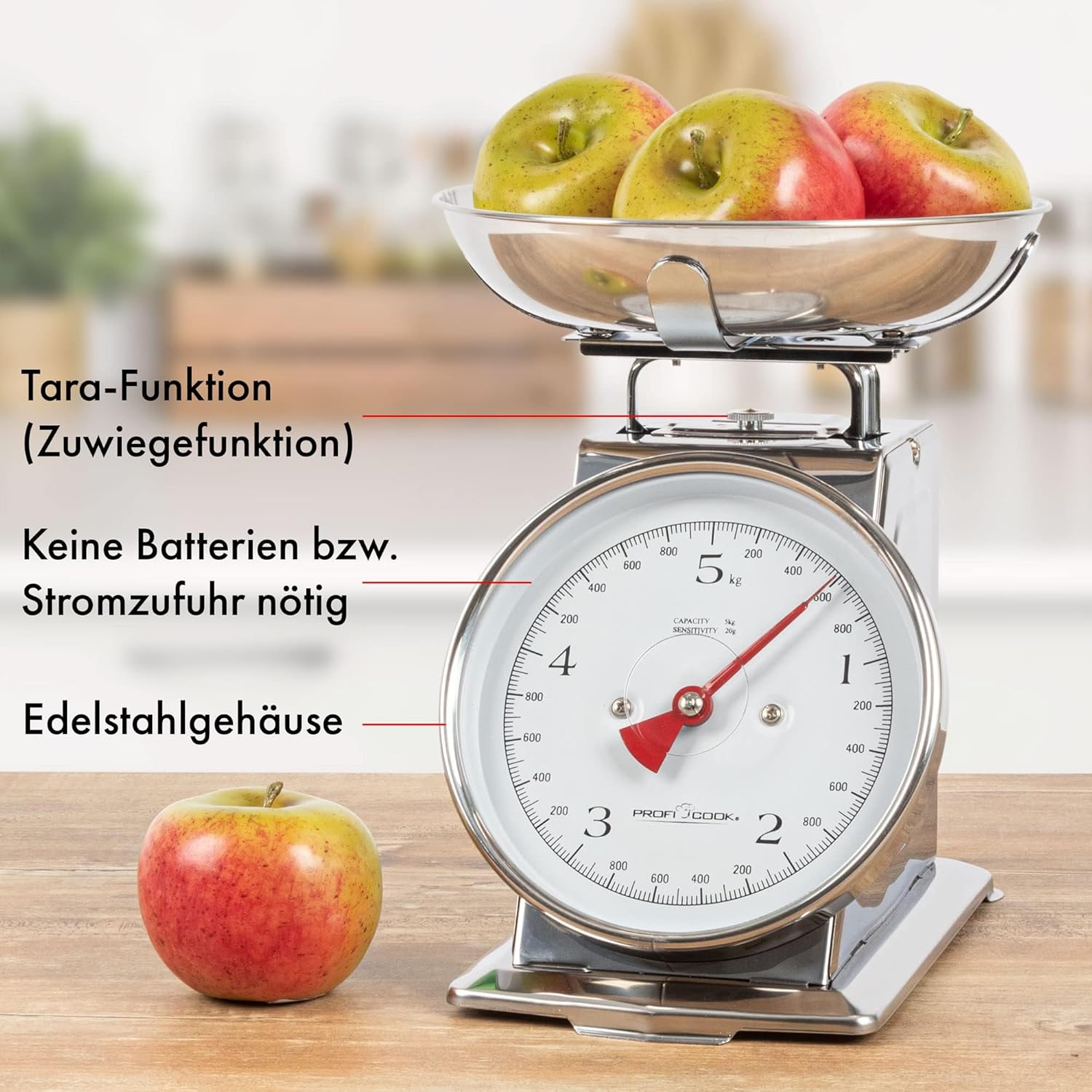 ProfiCook Küchenwaage ohne Batterie | Küchenwaage Retro Analog | Bis 5 kg mit Tara-Funktion | Waage für die Küche ohne Batterie/Strom | Inklusive Edelstahlschüssel | Retro Küchenwaage PC KW 1247 – Bild 5
