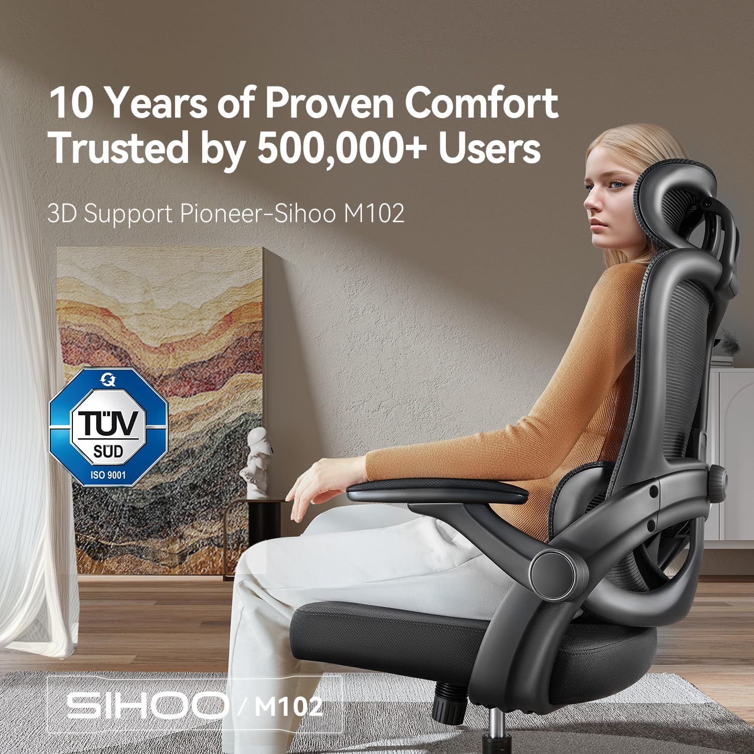 SIHOO M102C Ergonomischer Bürostuhl aus Netzstoff, Schreibtischstuhl mit hoher Rückenlehne, 3D-Armlehnen, Auf- und Ab-Lendenwirbelstütze, drehbarer Computer-Arbeitsstuhl, Schwarz – Bild 4