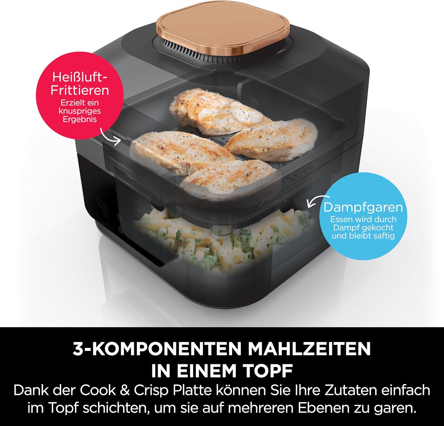 Ninja Speedi Multicooker, 5,7 l, 10-in-1-Multicooker, Airfryer-Heißluftfritteuse, Schongarer, langsames Kochen, Grillen, Backen, Schwarz und Kupfer ON400EUCP – Bild 6