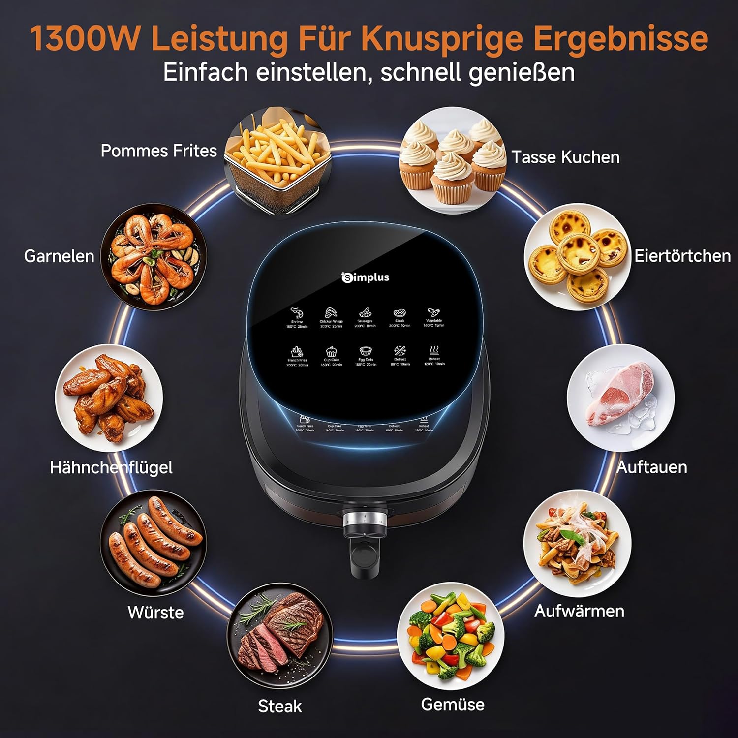 SIMPLUS Heißluftfritteuse 5L mit Sichtfenster, 1300W Airfryer, leise 43,2 dB, platzsparend, Heißluftfritteuse mit Dampffunktion, Antihaft-Korb, Drehknopf, 60-200°C – Bild 4