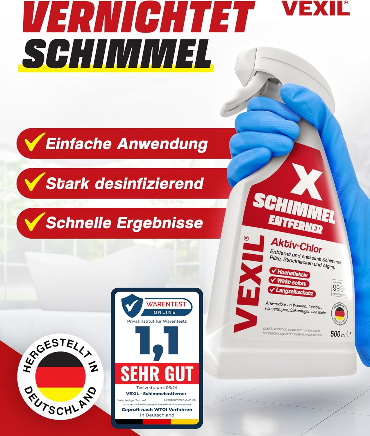 VEXIL Profi-Schimmelentferner für Wand, Bad, Fliesen, Fugen & mehr – mit Aktivchlor und Haftwirkung – Extra starkes Schimmelspray – auch als Fugenreiniger geeignet – 500 ml – Hergestellt in Deutschland – Bild 2