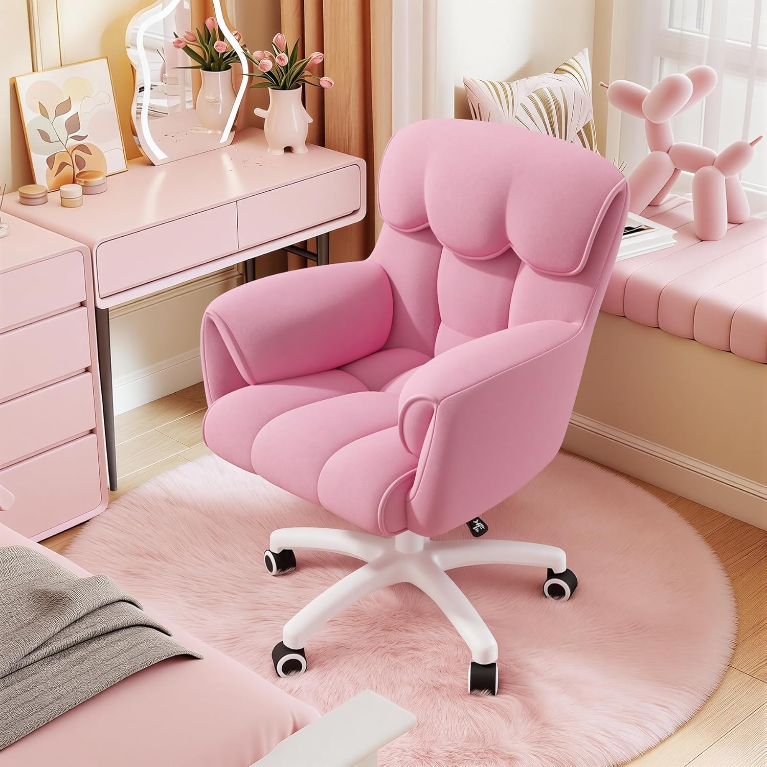 Ergonomischer Bürostuhl, höhenverstellbarer Schreibtischstuhl mit Armlehnen, 360° drehbar, Samtbezug, für Home Office und Büro, belastbar bis 150 kg, Pink – Bild 7