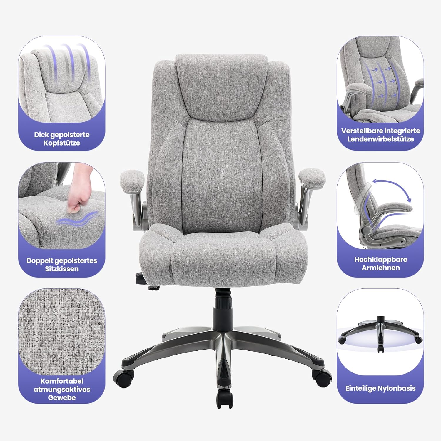COLAMY Ergonomischer Bürostuhl, Chefsessel mit hoher Rückenlehne, ergonomischer 360°-Drehstuhl für Büro, Schreibtischstuhl, Stoffstuhl mit verstellbarem Neigungsverschluss, Grau – Bild 7