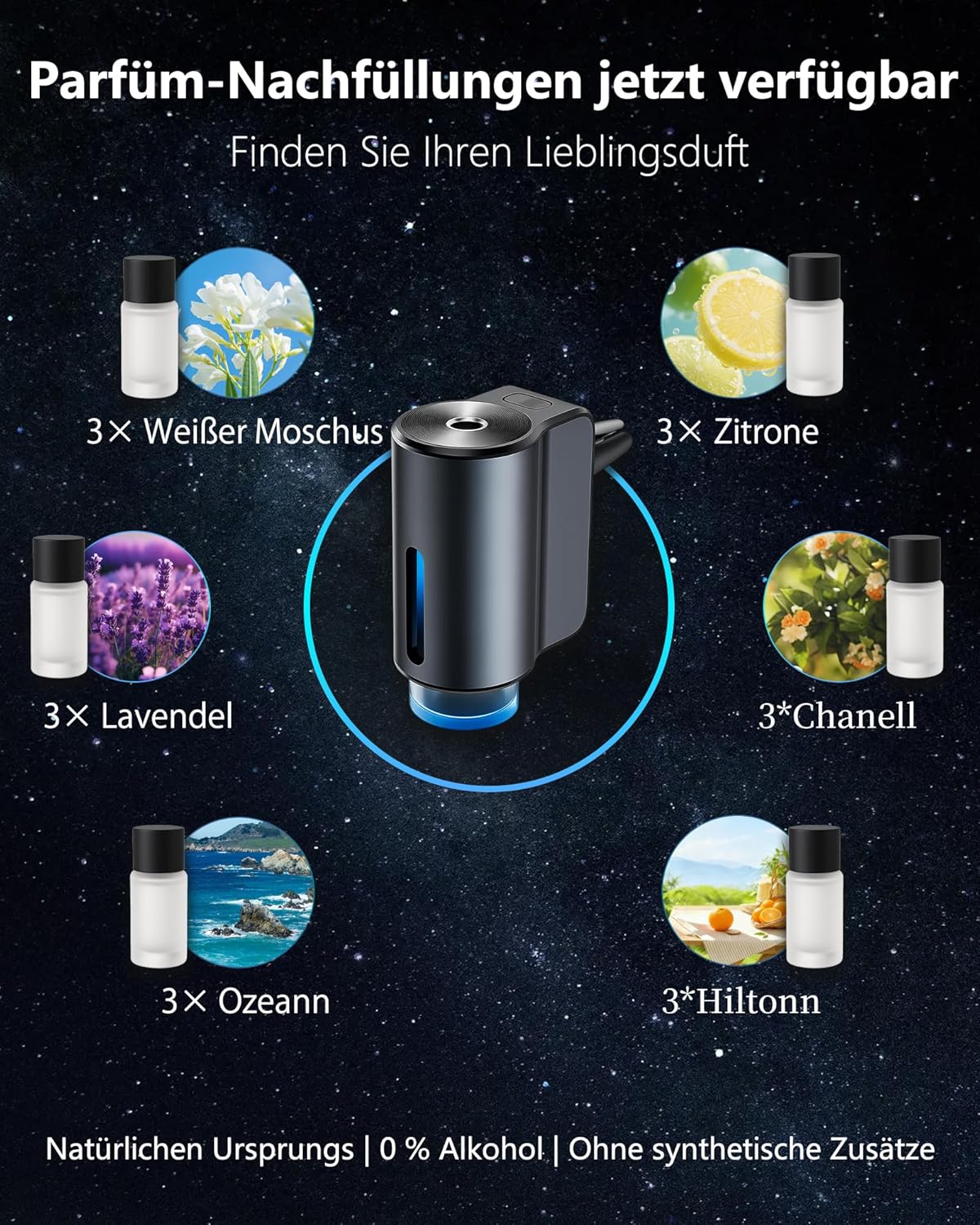 Elektroauto-Lufterfrischer mit 3 Parfümen (Köln/Chanell/Hiltonn), Ultraschallzerstäuber, intelligente 3 Modi, automatisches Ein-/Ausschalten, eingebauter Akku, 30 ml natürlicher Autoduft CFK-3Z – Bild 4