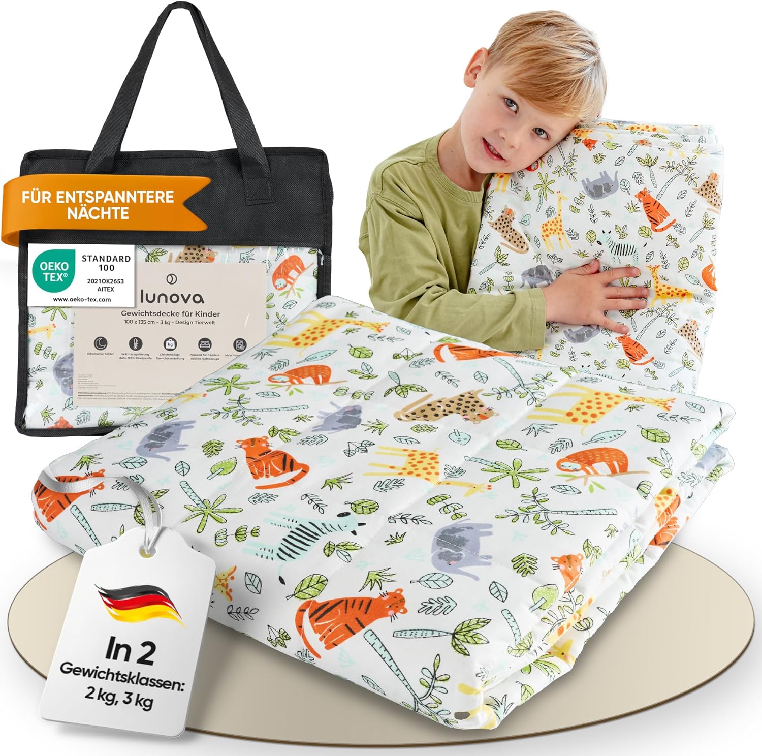 LUNOVA Gewichtsdecke Kinder | 3 kg | 100 x 135 cm – Ökotex-Baumwolle (25–35 kg Körpergewicht), waschbare Therapiedecke, Entspannungsdecke, entspannter Schlaf – Tierwelt