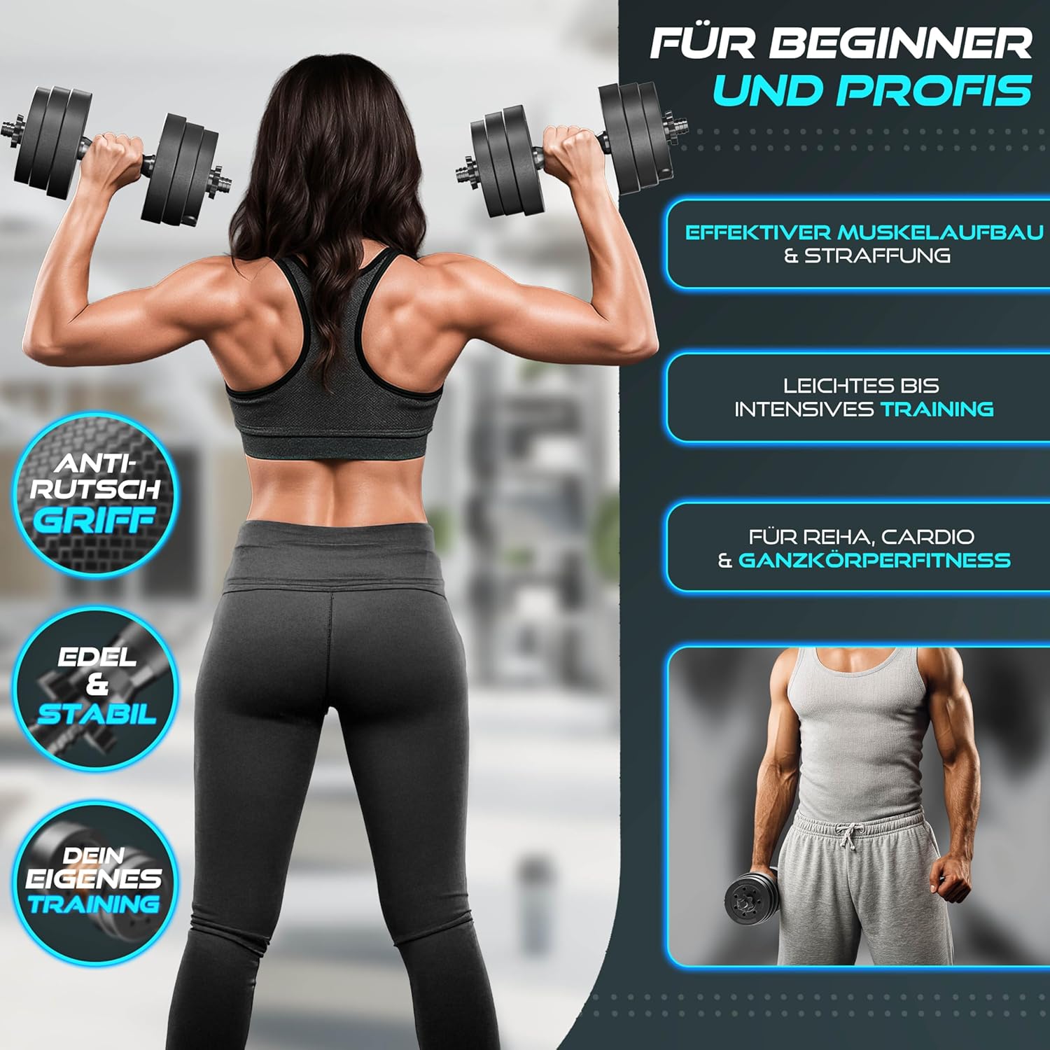 RE:SPORT 2er-Set verstellbare Kurzhanteln 15/20/30/40 kg | Hantelset mit 2 Hanteln | Hantel mit Gewichten und 4 Spinlock-Kragen | Fitness-Hantel für Muskelaufbau, Training und Zuhause – Bild 7