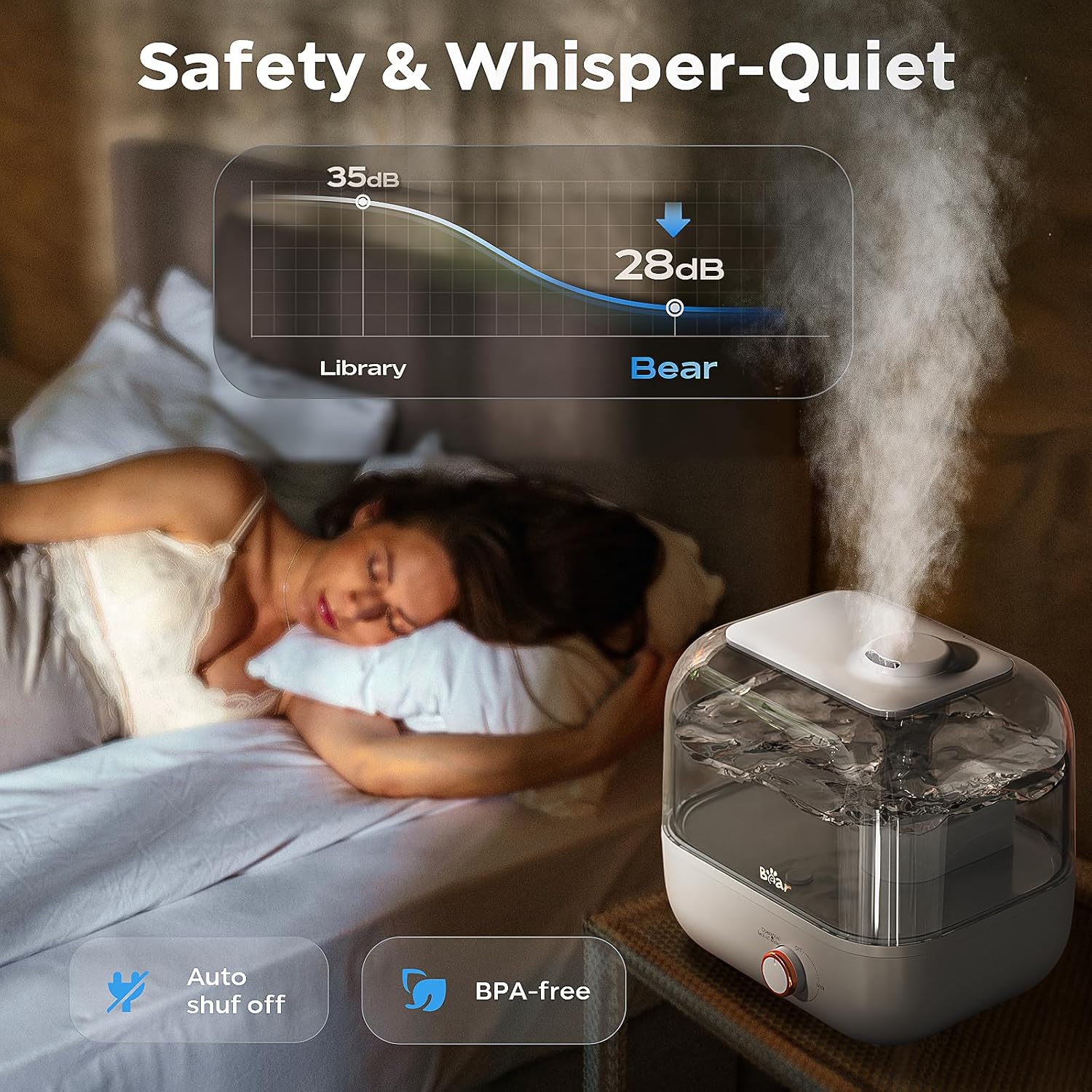 BEAR 5 L Luftbefeuchter mit Top-Füllung, 360° erweiterbare Dampfdüse, 28 dB extrem leise für Babys und Pflanzen, 35 Stunden Laufzeit, mit Aromatherapie-Tablett, automatische Abschaltung, Weiß – Bild 4