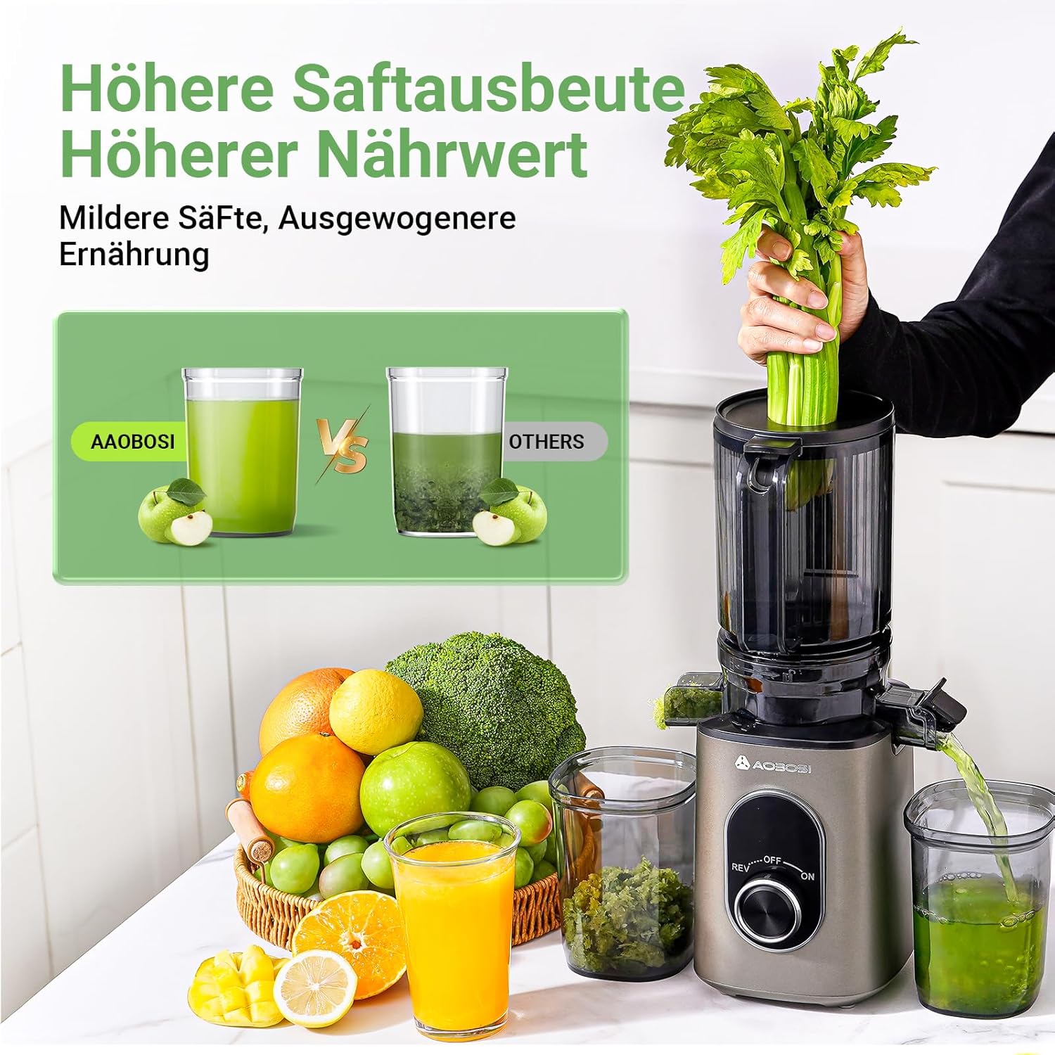 AAOBOSI SlowJuicer für Gemüse und Obst, hohe Saftausbeute, elektrischer Entsafter mit Umkehrfunktion, leicht zu reinigen, BPA-frei – Bild 6