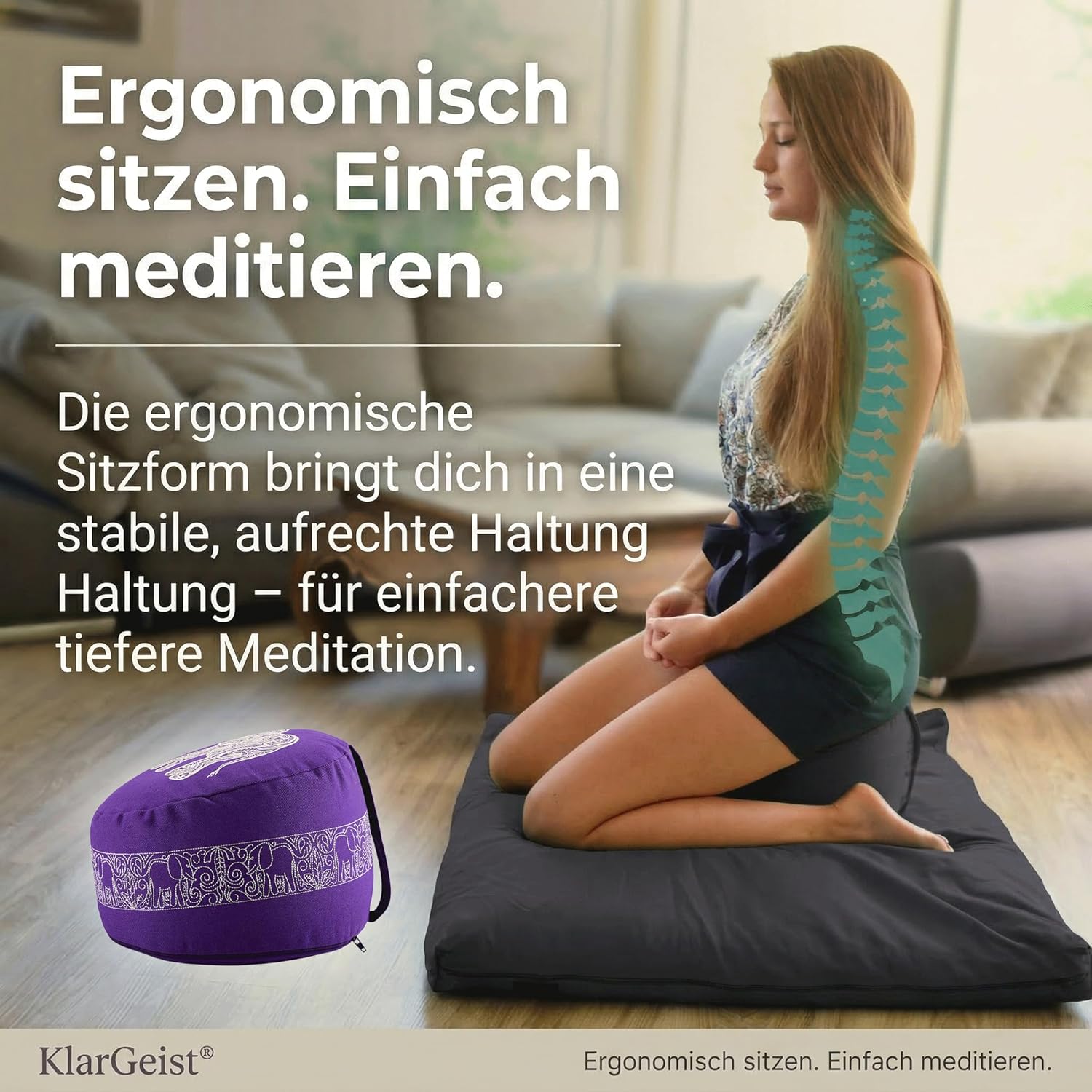 Ergo - Ergonomisches Meditationskissen – Das Yoga Kissen & Yogakissen rund | Yoga Sitzkissen Rund | Bodenkissen zum Sitzen | Zafu mit Buchweizenschalen | Meditationskissen Elefant Lila – Bild 2