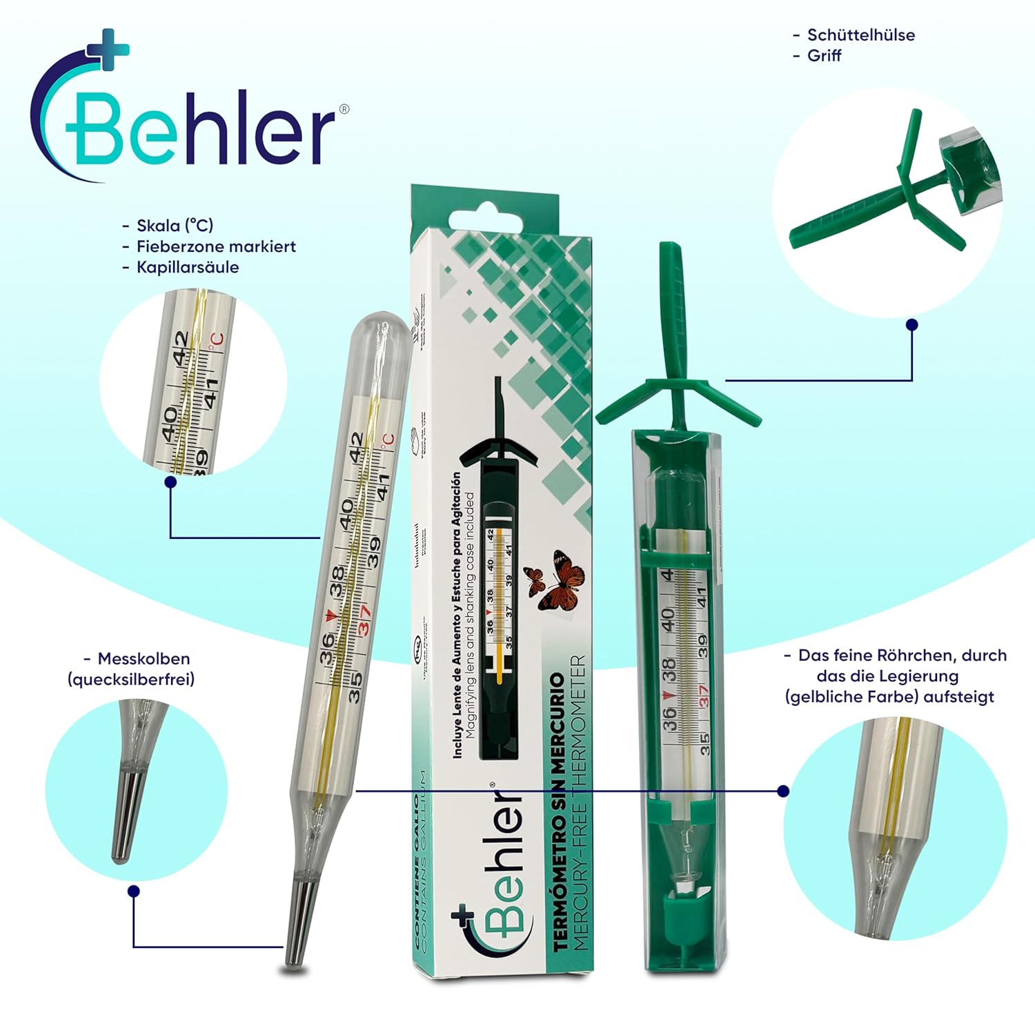 Behler – Analoges Fieberthermometer – sicher und präzise, quecksilberfrei – Thermometer – für Kinder und Erwachsene – mit Lupe und Schütteletui – für den Heim- und Klinikgebrauch – Bild 2
