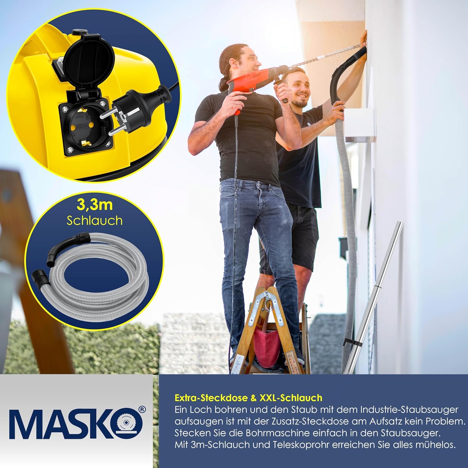 Masko® 6in1 Industriestaubsauger Nass-Trocken-Aschesauger 2300W + Steckdose. Blasfunktion. Trocken- und Nasssaugen – Industriestaubsauger mit und ohne Beutel – beutellos., gelb – Bild 4