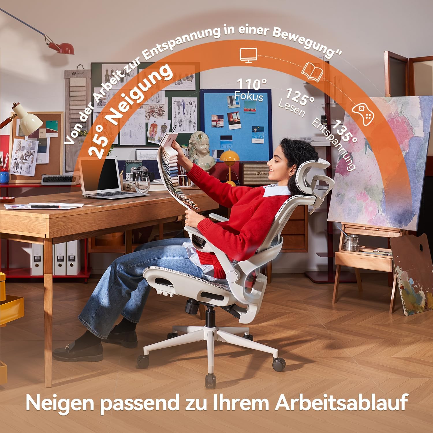 SIHOO Ergonomischer Bürostuhl mit dynamischer 4D-Lendenwirbelstütze, breiter Kopfstütze und klappbaren Armlehnen, 90–135° neigbar, Weiß – Bild 5