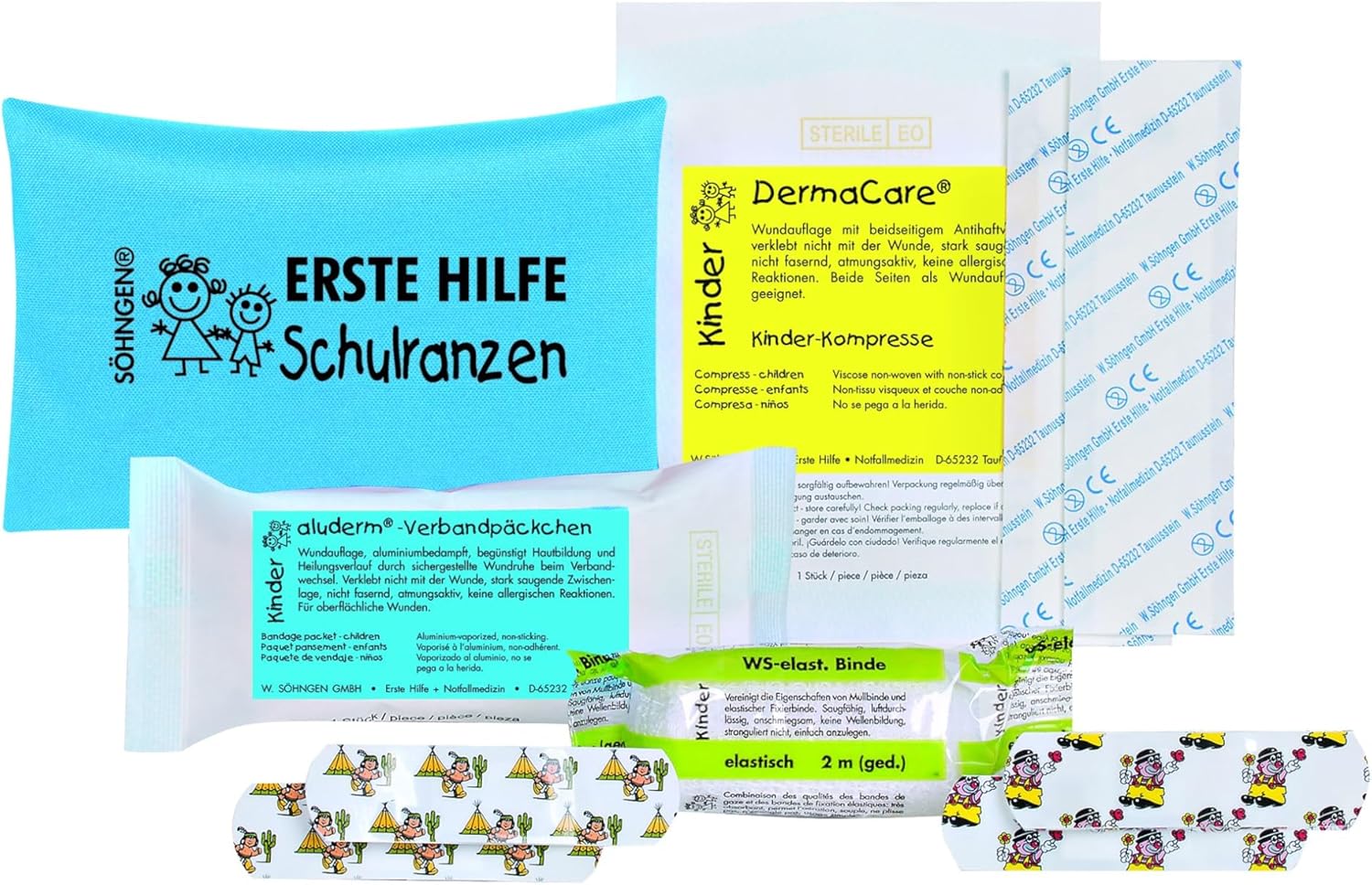 Söhngen Erste-Hilfe-Schulranzen Blau (Notfallset für Kinder, für Schulranzen/Sportbeutel, Junior-Set, Farbe Blau, Verbandmaterial, Pflaster, Mitnahmeset) – Bild 2