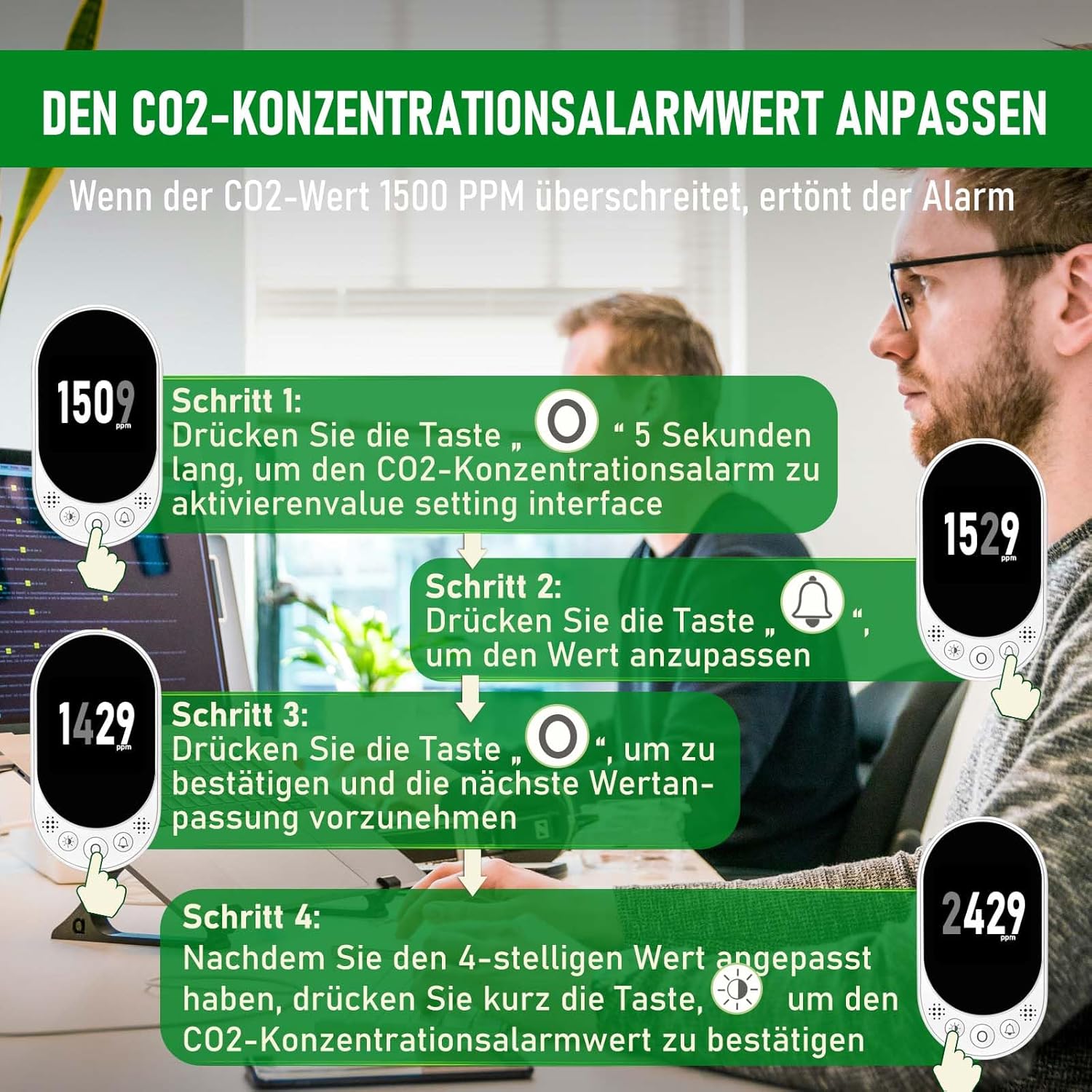 LSENLTY Kohlendioxid-Messgerät, 3-in-1-CO2-Messgerät (Temperatur, Luftfeuchtigkeit und CO2-Wert), hochpräzises CO2-Detektormessgerät, Luftqualitätstester mit Alarmfunktion und manueller Kalibrierung – Bild 7
