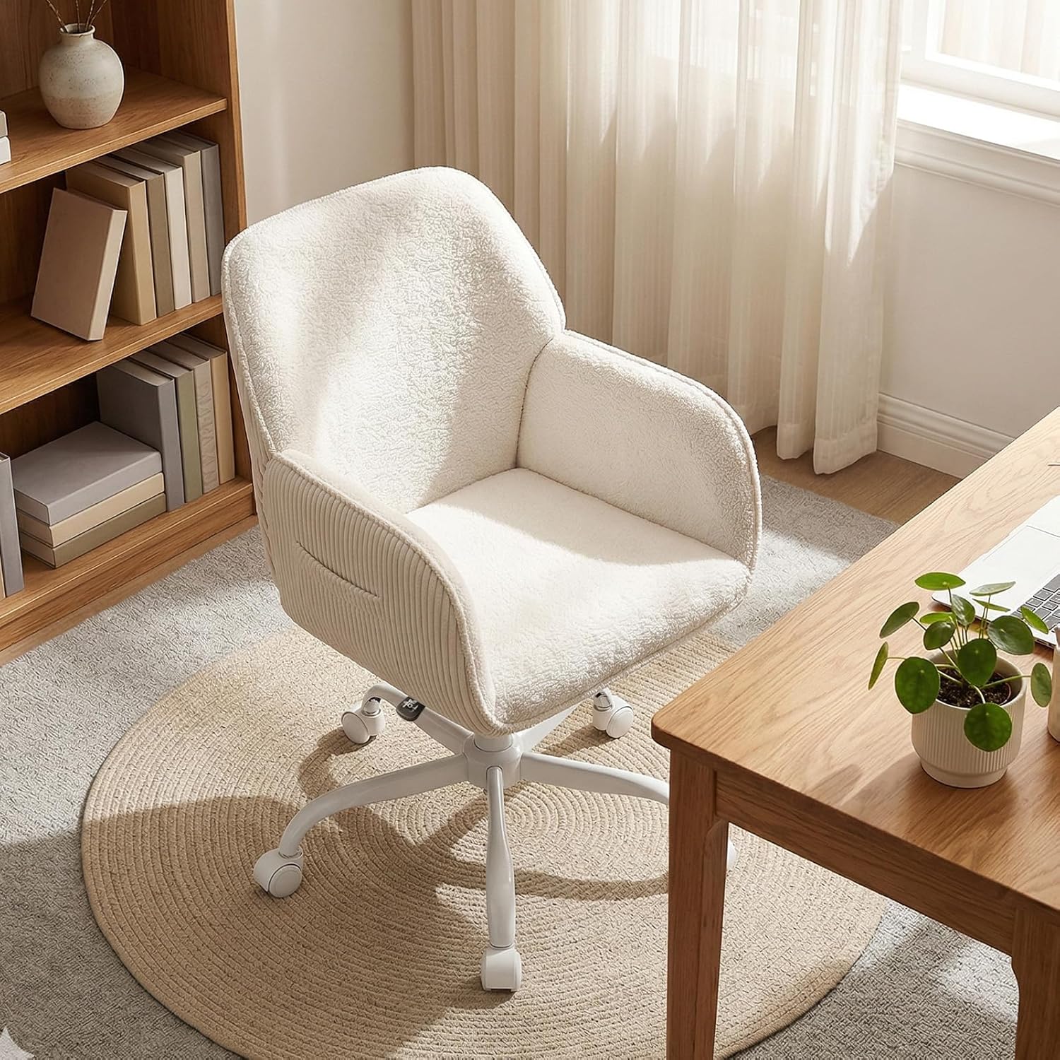 Bürostuhl, Schreibtischstuhl, Heimbürostuhl, Schminktischstuhl – Sherpa- und Cordstoff, ergonomisch mit Armlehnen, höhenverstellbar, 360° drehbar, leise Räder, breiter Sitz, stabil – Bild 7