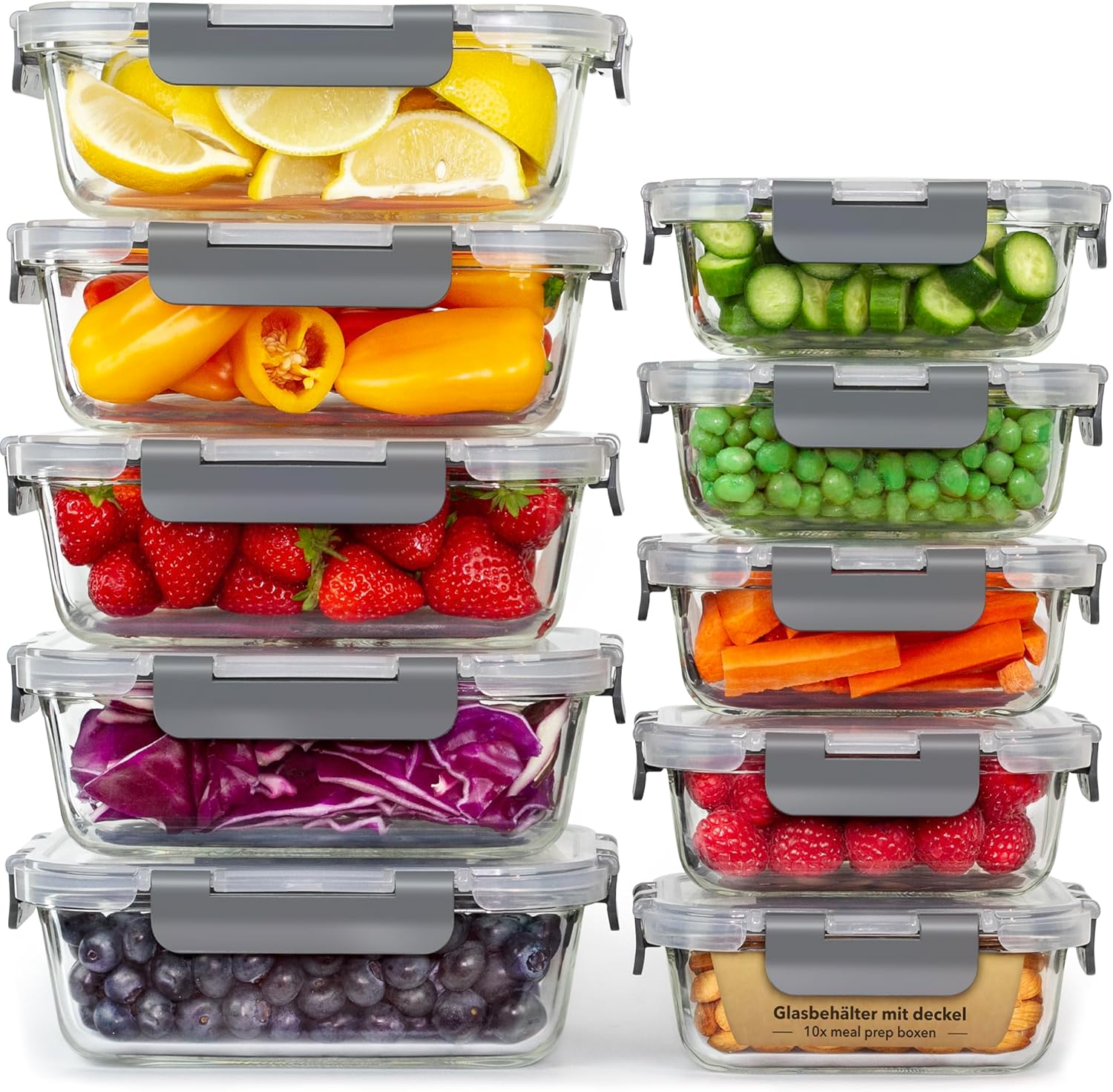 GUT FÜR SIE – Set aus Essenszubereitungsboxen und Vorratsbehältern aus Glas – 20-teilig (10 Behälter und 10 Deckel), spülmaschinen-, mikrowellen- und gefriergeeignet, BPA-frei, Behälter aus Borosilikatglas