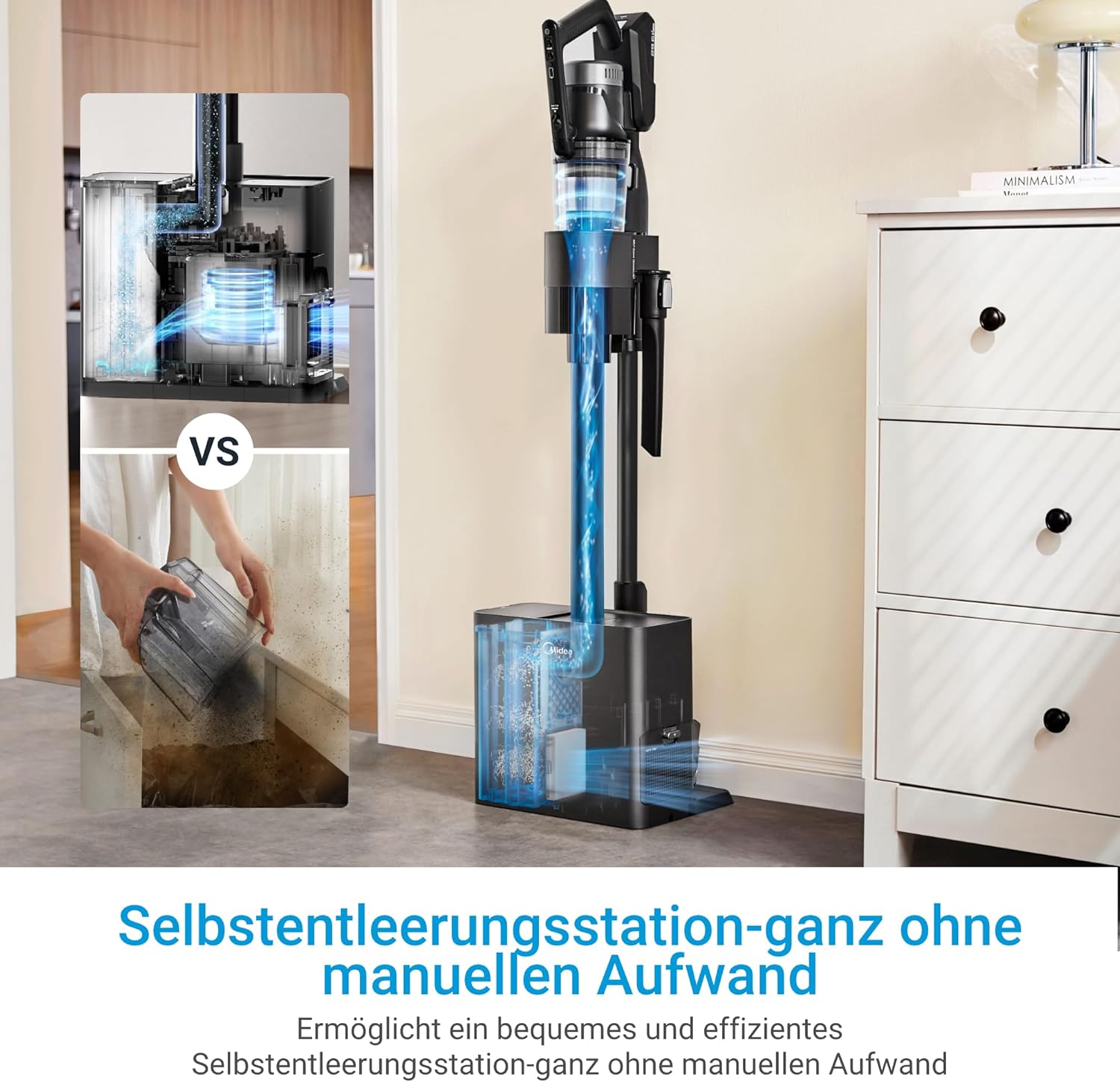 Midea Akku-Staubsauger mit Saugstation, 350 W, bis zu 60 Minuten Laufzeit, selbstentleerende Anti-Tangle-Bürste, LED-Düse, HEPA-Filter, für Allergiker geeignet, austauschbarer Akku, kabellos, schwarz – Bild 2