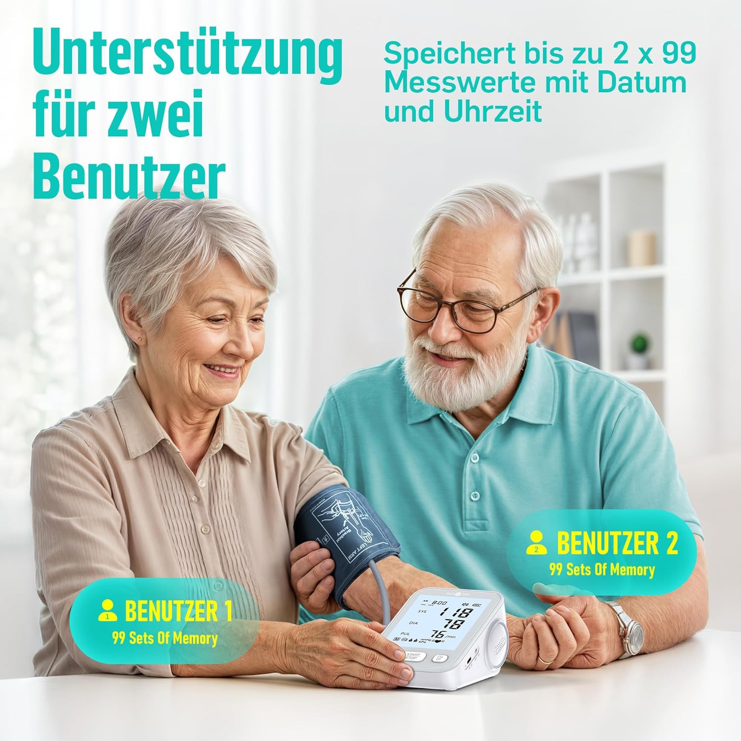RunStar Oberarm-Blutdruckmessgerät mit breiter Manschette (22 cm – 42 cm) für den Heimgebrauch, automatisches digitales Blutdruckmessgerät mit Aufbewahrungstasche, 2 x 99 Messwertspeicher, grau – Bild 7
