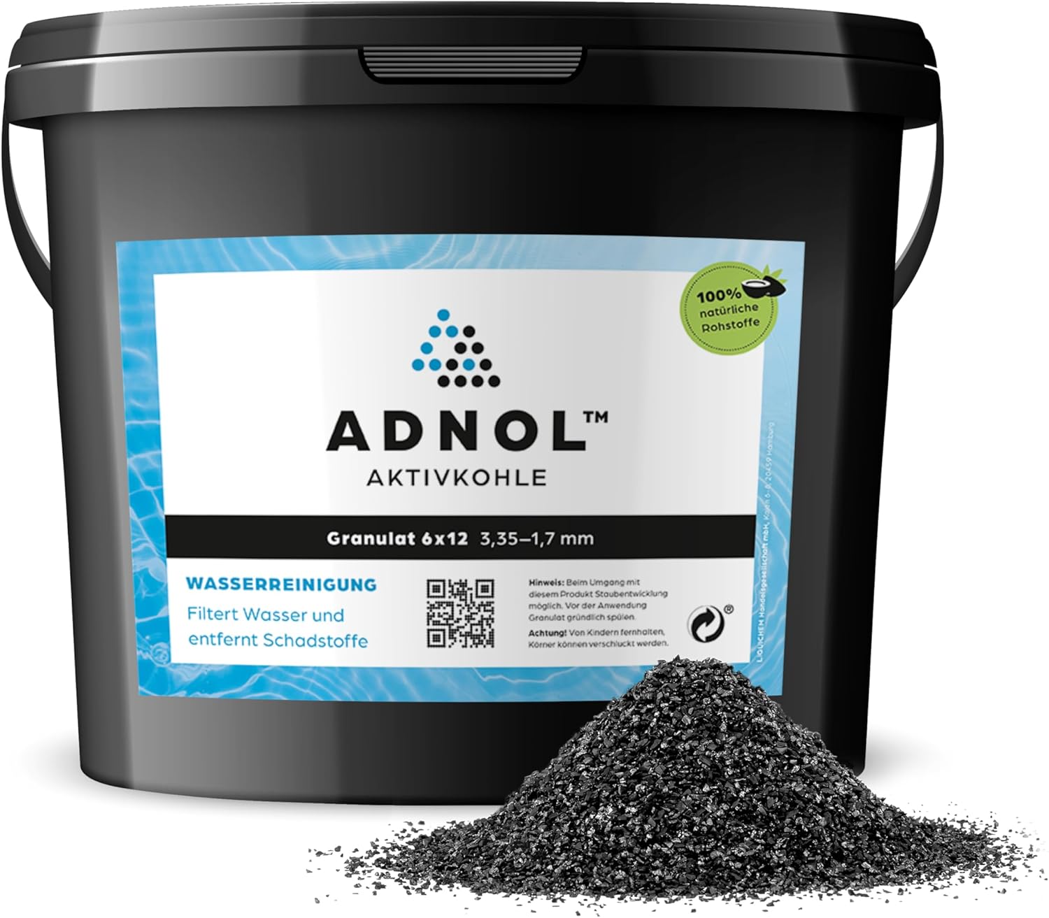 Aktivkohlegranulat 5 Liter aus Kokosnussschalen für Wasserfilter für Aquarium und Teich, Maschenweite 6 x 12, Körnung 3,35-1,7 mm, Energieklasse A, als Kohlefilter einsetzbar