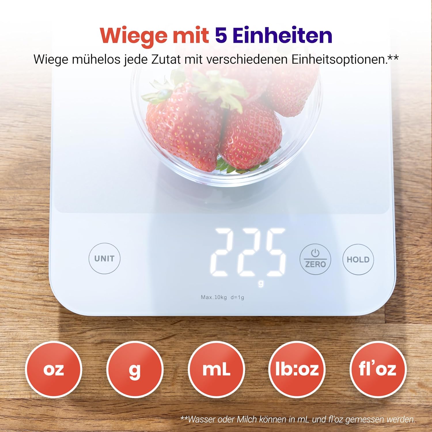 ETEKCITY Küchenwaage, Präzisionswaage 0,1 g genau, 10 kg digitale Küchenwaage mit großem LED-Display, wasserdichte Küchenwaage zum Abmessen von Flüssigkeiten, Tara-Funktion – 10 kg – 1 g – weißes Glas – Bild 4